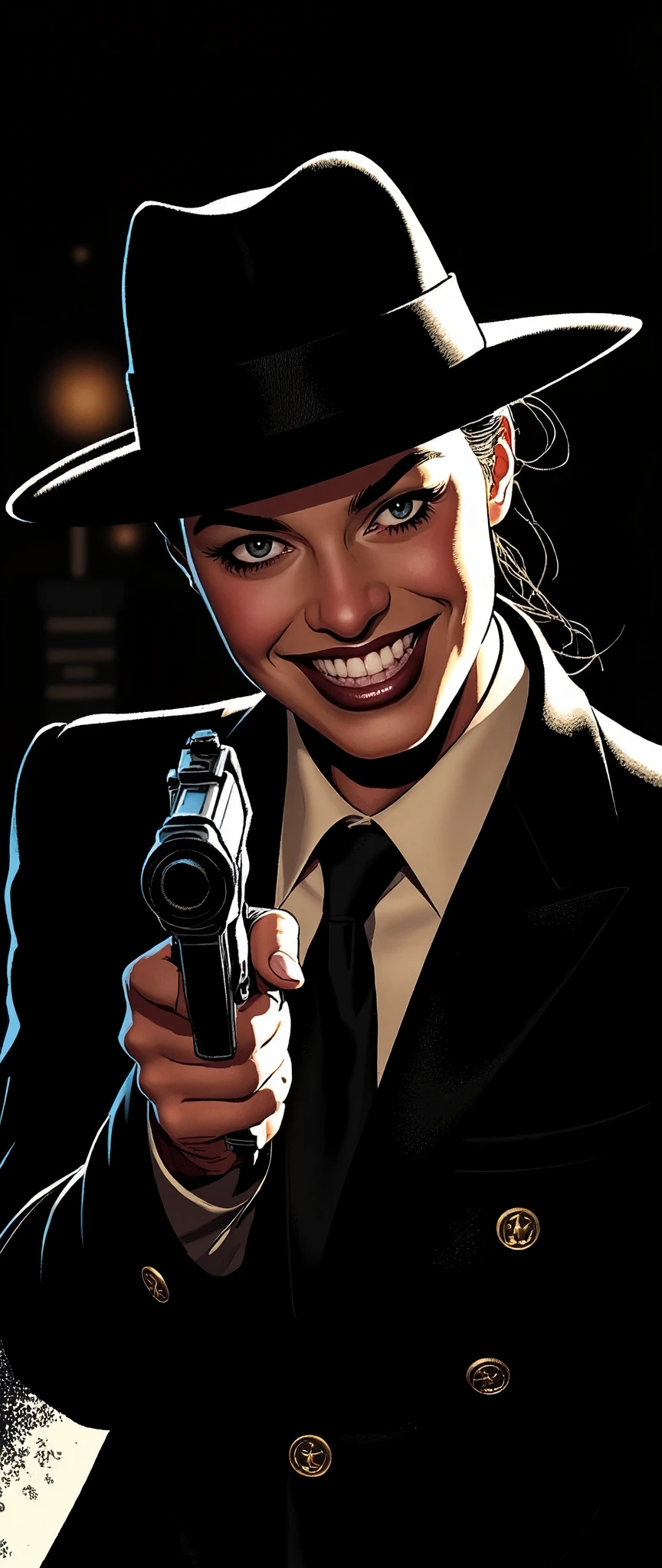 (Best illustrations:2.0),Crazy Smile,Evil Villain,Vector art,Mafia female boss with a big smile,Gangster,hat,(Ready your gun?:2.0),(Point the gun at the camera:2.0),(A face illuminated in the dark:2.0),Gangster,hat,(Artistic Rendering),(Simple design:2.0)