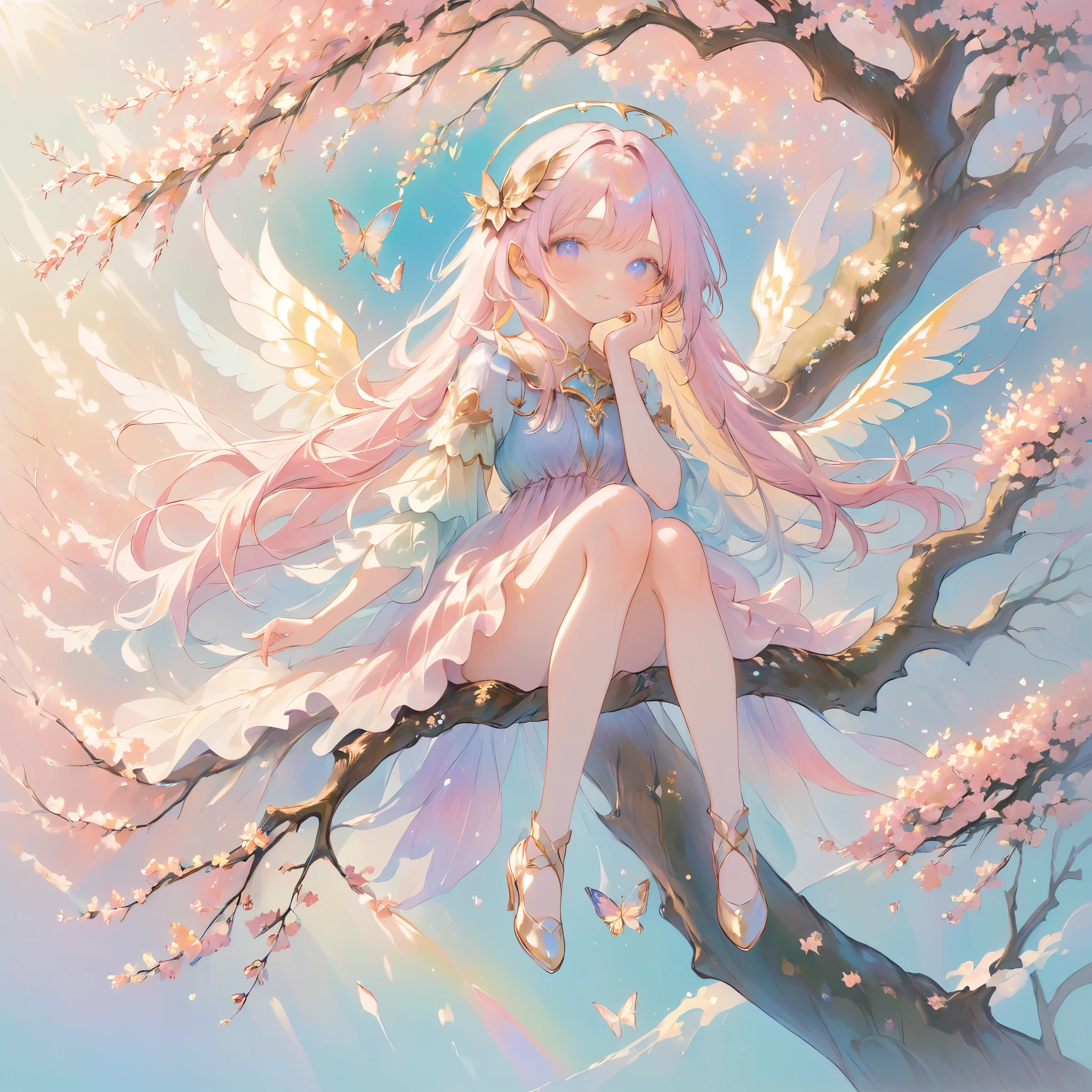 pastel,
1girl,
A young fairy-like girl with delicate wings sits perched on one of the lower branches of a giant tree, her wings shimmer with pastel pinks and blues, and she wears a simple dress of soft gold, her pose is relaxed, one leg hanging off the branch while her arms are folded gently in her lap, the tree’s branches stretch wide, and the golden leaves create a soft canopy above, light sparkles around her, and pastel-colored butterflies dance through the air, the scene is tranquil and magical, capturing a moment of quiet peace and wonder in a world of fantasy.