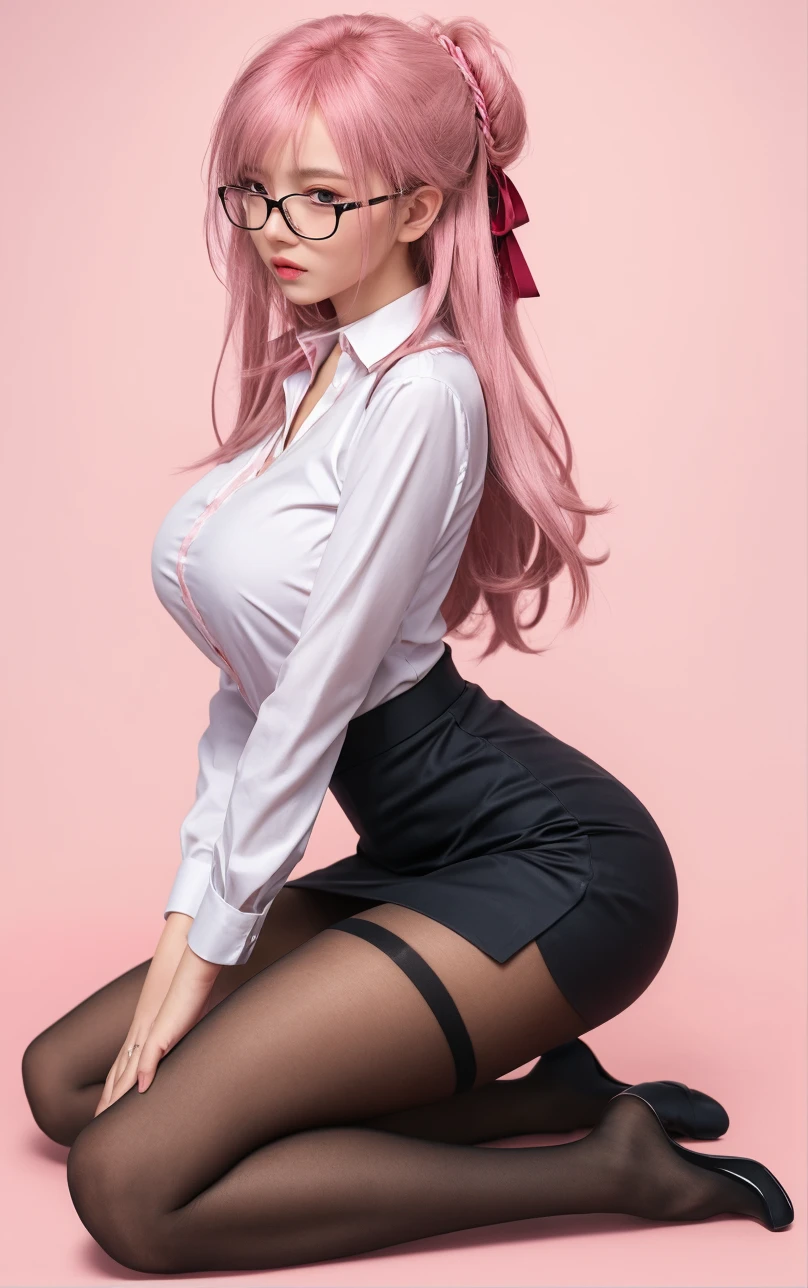 photorealistic, high resolution, 1women, shining skin, solo, hips up, jewelry, pink lip, long white hair, blue eye, office lady, shirt, skirt