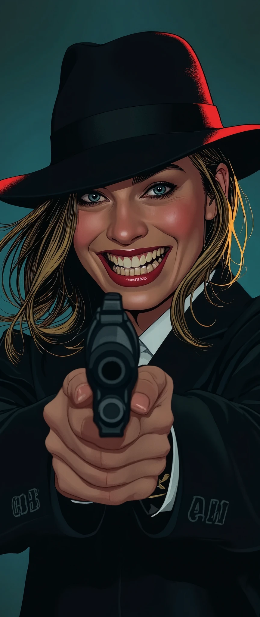 (Best illustrations:2.0),Crazy Smile,Evil Villain,Vector art,Mafia female boss with a big smile,Gangster,hat,(Ready your gun?:2.0),(Point the gun at the camera:2.0),(A face illuminated in the dark:2.0),Gangster,hat,(Artistic Rendering),(Simple design:2.0)