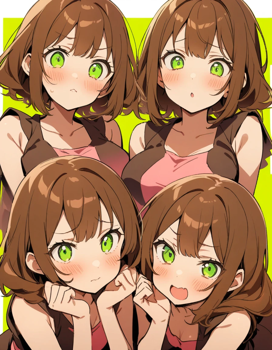 Brown hair girl with green eyes in all directions face poses
