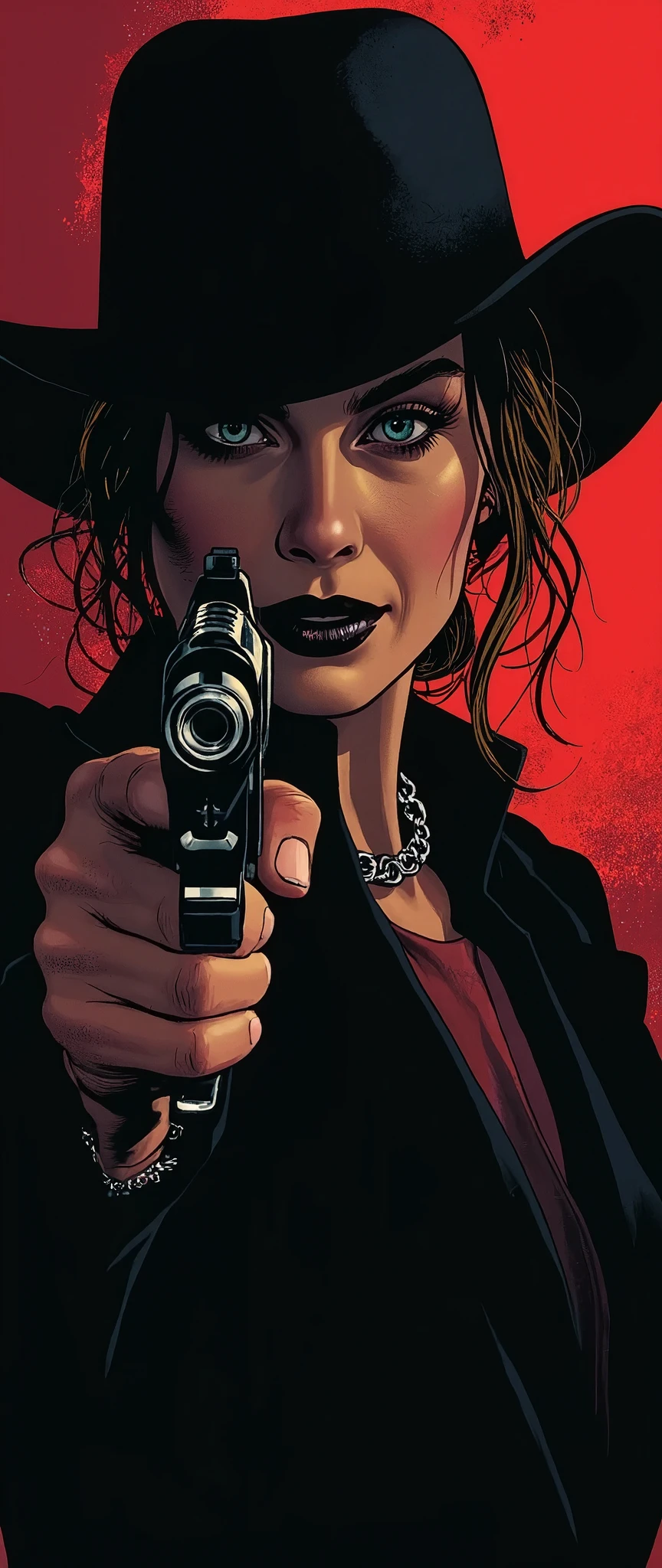 (Best illustrations:2.0),Crazy Smile,Evil Villain,Vector art,Mafia female boss with a big smile,Gangster,hat,(Ready your gun?:2.0),(Point the gun at the camera:2.0),(A face illuminated in the dark:2.0),Gangster,hat,(Artistic Rendering),(Simple design:2.0),(Detailed hands),(dynamic)