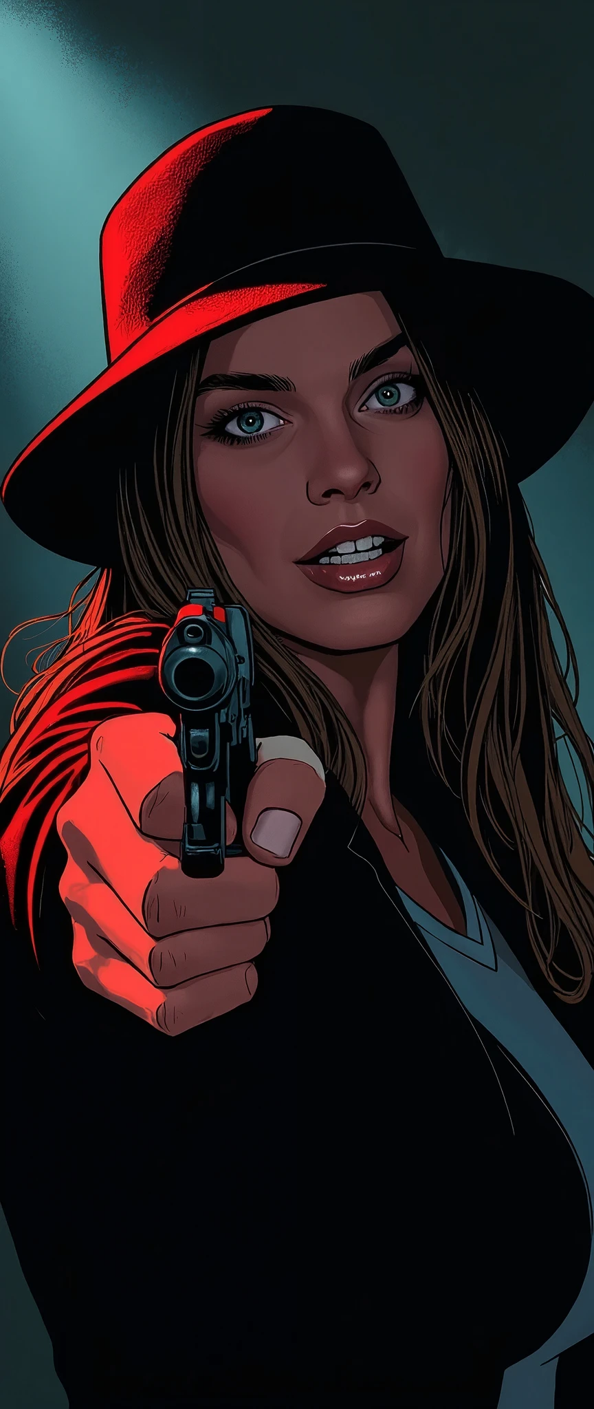 (Best illustrations:2.0),Crazy Smile,Evil Villain,Vector art,Mafia female boss with a big smile,Gangster,hat,(Ready your gun?:2.0),(Point the gun at the camera:2.0),(A face illuminated in the dark:2.0),Gangster,hat,(Artistic Rendering),(Simple design:2.0),(Detailed hands),(dynamic)