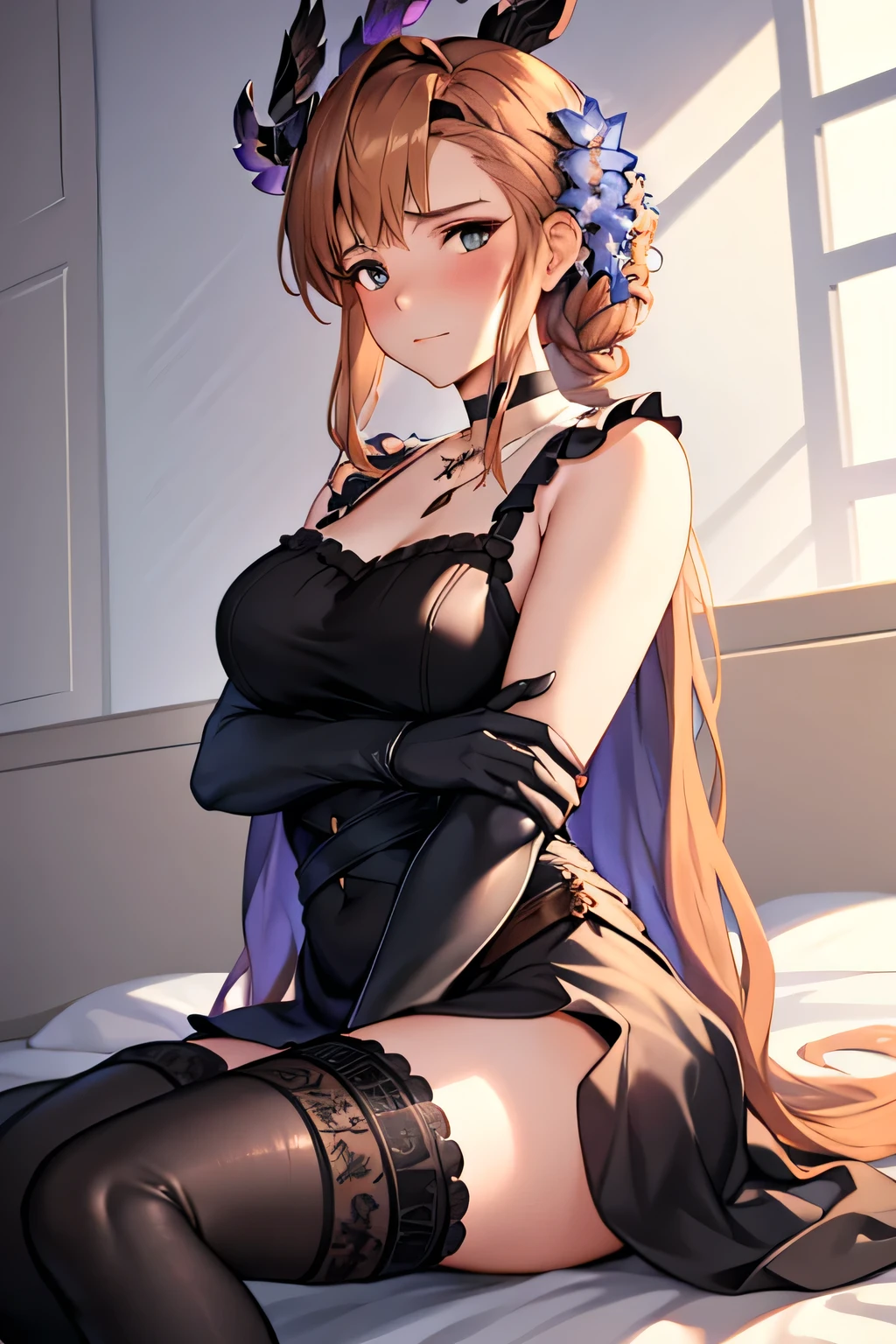 masterclass, hair_flower, black_dress, black_gloves, thighhighs, hair_ornament, gloves, black_thighhighs, braid, very_long_hair, sleeveless_dress, sleeveless, looking_at_viewer, choker, single braid, collarbone, hair_between_eyes, hair_bow, necklace, jewelry, ribbon, white_flower, blue_flower, closed_mouth, bangs, black capelet, on bed, blush, breasts, sitting, crossed legs, looking side, cowboy_shot, illustration, from side, best quality,blush, embarrassed