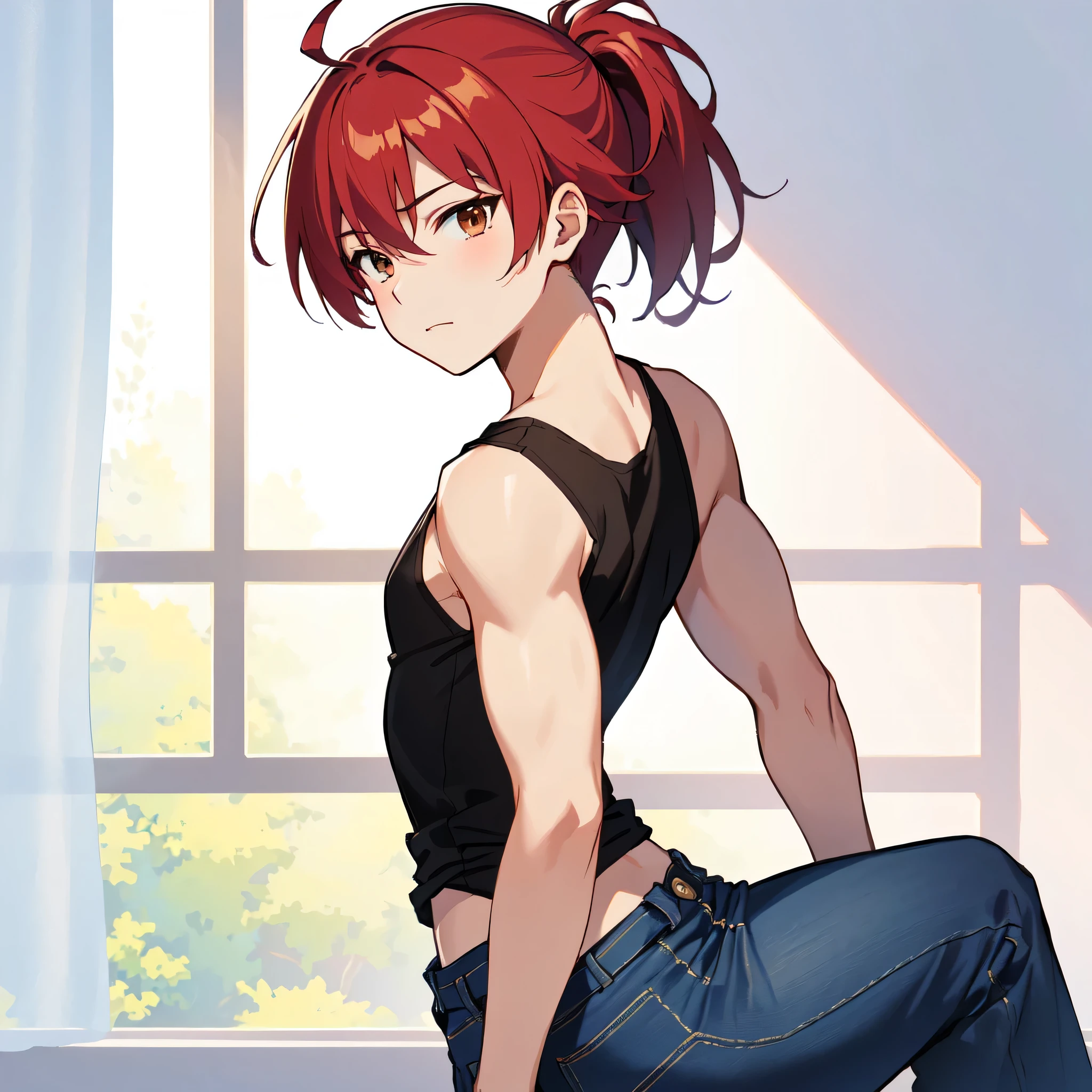 Red Hairのアニメの, , Classic Boy, Vibrant, 1boy, Created by Anime Painter Studio, Brave, alone, Boys Romance, Anime Style, Official fan art, ponytail, Short Hair, Red Hair, A faint smile, Brown eyes, Visual novel, Muscular, In anime style, Masculine and muscular, Fan art, clothing:Black tank top, I wore denim shorts, Anime dick!!!!, Skin tight tank top, Bare shoulders, Painted in an anime artist's studio, tank top with an black, Standing, Realistic anime art style, Digital anime art!!, Bare Arms, looking at viewer, cowboy shot, male focus,