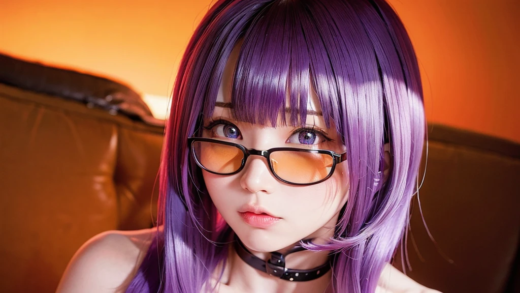 General Raiden, Purple Hair, Purple eyes, Girl wearing trendy orange sunglasses , Orange background, Portrait