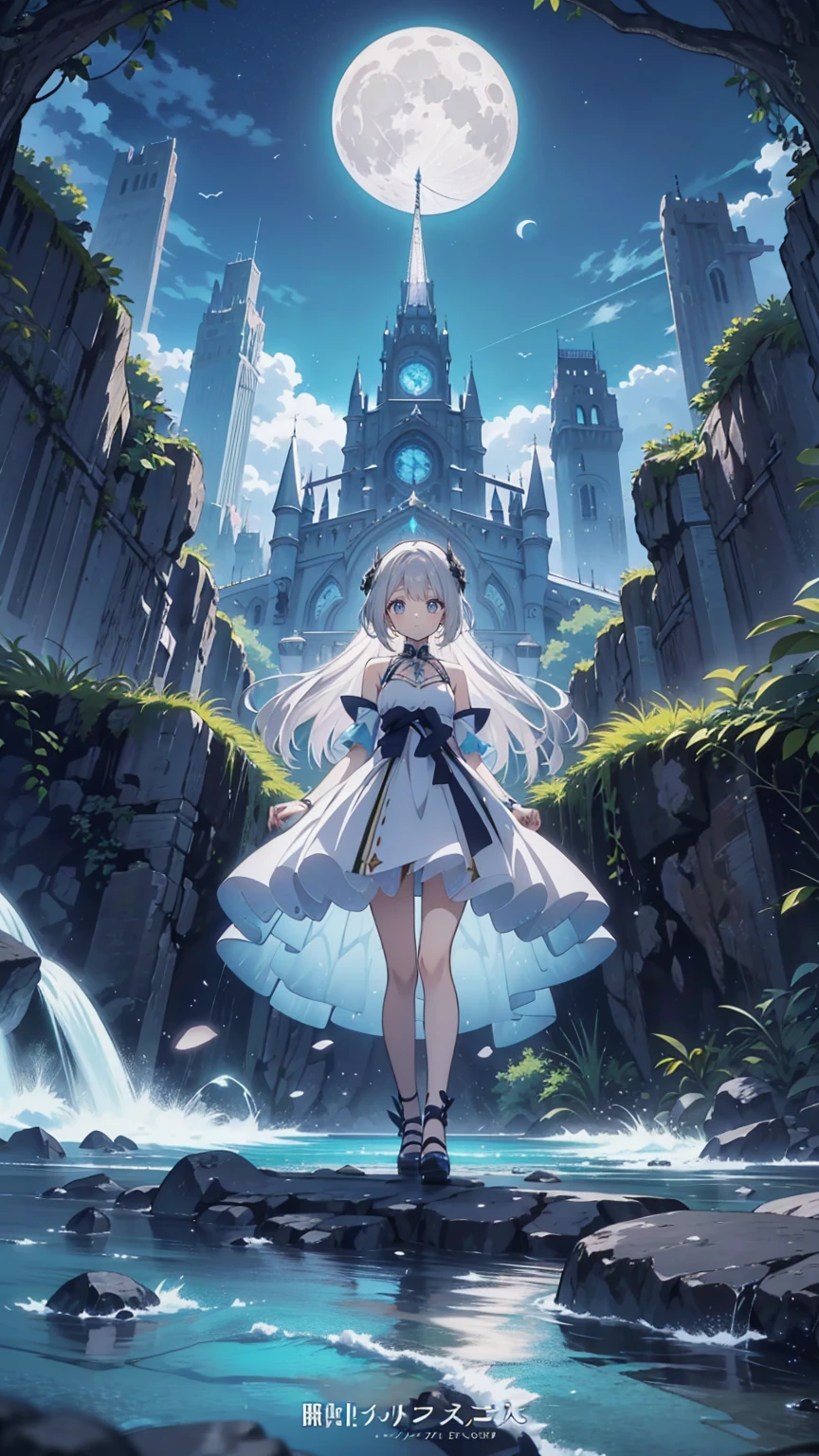 Anime girl walking near a cliff, Beautiful fantasy anime, high detailed official art, Silver-haired God, Shadowverse Style, Anime Goddess, Nightcore, Detailed Key Anime Art, official art, Masterpiece Goddess of Beauty, Anime fantasy illustration, Detailed digital anime art, Epic light novel art cover, From the Arknights video game, Anime fantasy art, Calm background, Bright white moon, white beach dress, Sea view