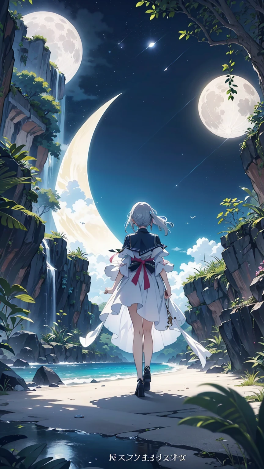 Anime girl walking near a cliff, Beautiful fantasy anime, high detailed official art, Silver-haired God, Shadowverse Style, Anime Goddess, Nightcore, Detailed Key Anime Art, official art, Masterpiece Goddess of Beauty, Anime fantasy illustration, Detailed digital anime art, Epic light novel art cover, From the Arknights video game, Anime fantasy art, Calm background, Bright white moon, white beach dress, Sea view