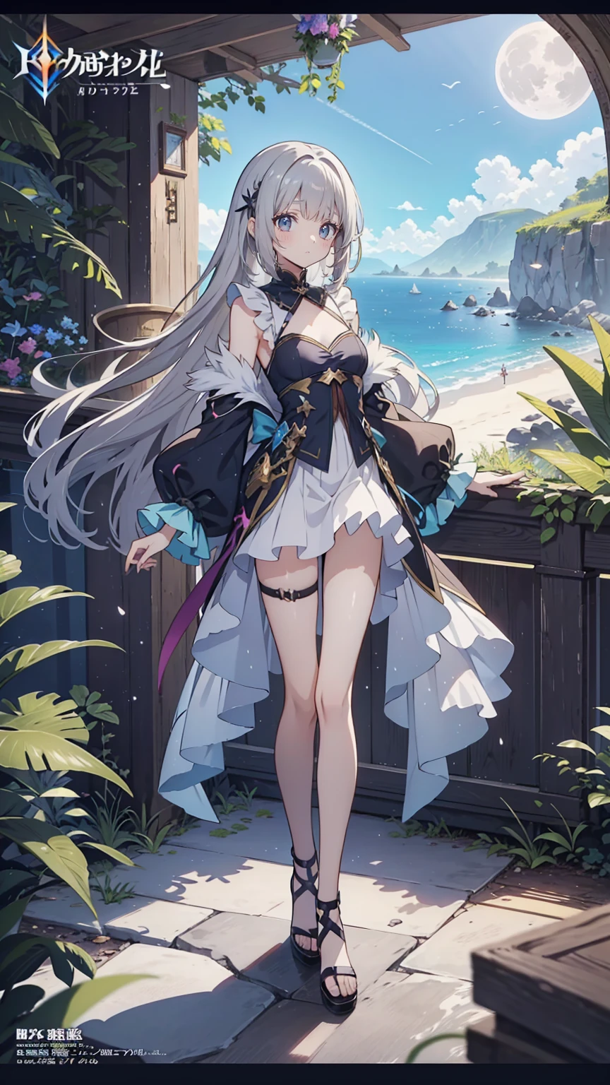 Anime girl walking near a cliff, Beautiful fantasy anime, high detailed official art, Silver-haired God, Shadowverse Style, Anime Goddess, Nightcore, Detailed Key Anime Art, official art, Masterpiece Goddess of Beauty, Anime fantasy illustration, Detailed digital anime art, Epic light novel art cover, From the Arknights video game, Anime fantasy art, Calm background, Bright white moon, white beach dress, Sea view