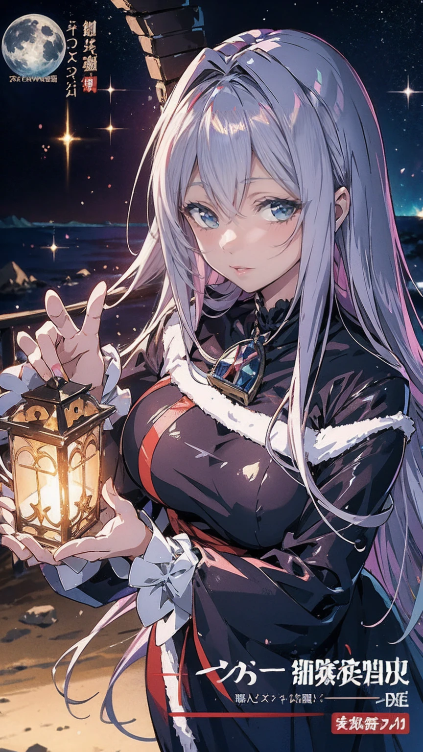 Anime girl walking near a cliff, Beautiful fantasy anime, high detailed official art, Silver-haired God, Shadowverse Style, Anime Goddess, Nightcore, Detailed Key Anime Art, official art, Masterpiece Goddess of Beauty, Anime fantasy illustration, Detailed digital anime art, Epic light novel art cover, From the Arknights video game, Anime fantasy art, Calm background, Bright white moon, white beach dress, Sea view