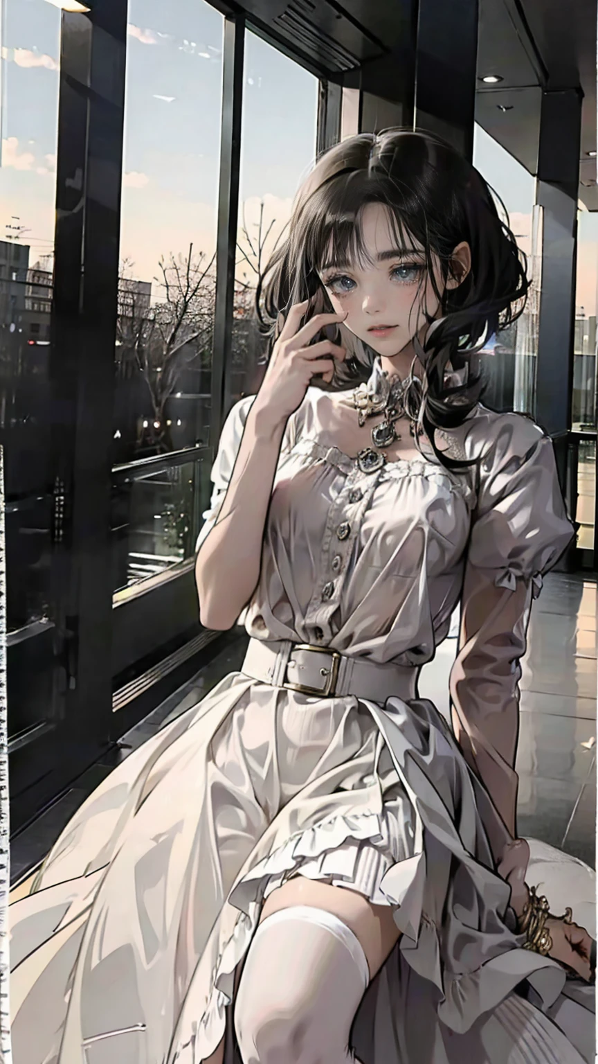 Masterpiece, highest quality, dynamic lighting, natural color scheme, exquisite facial features, 4k, 1girl, in the bus, standing looking at the phone, early morning sun, white T-shirt (formal wear: 1.4), black sweatpants, (formal wear: 1.4), long hair.