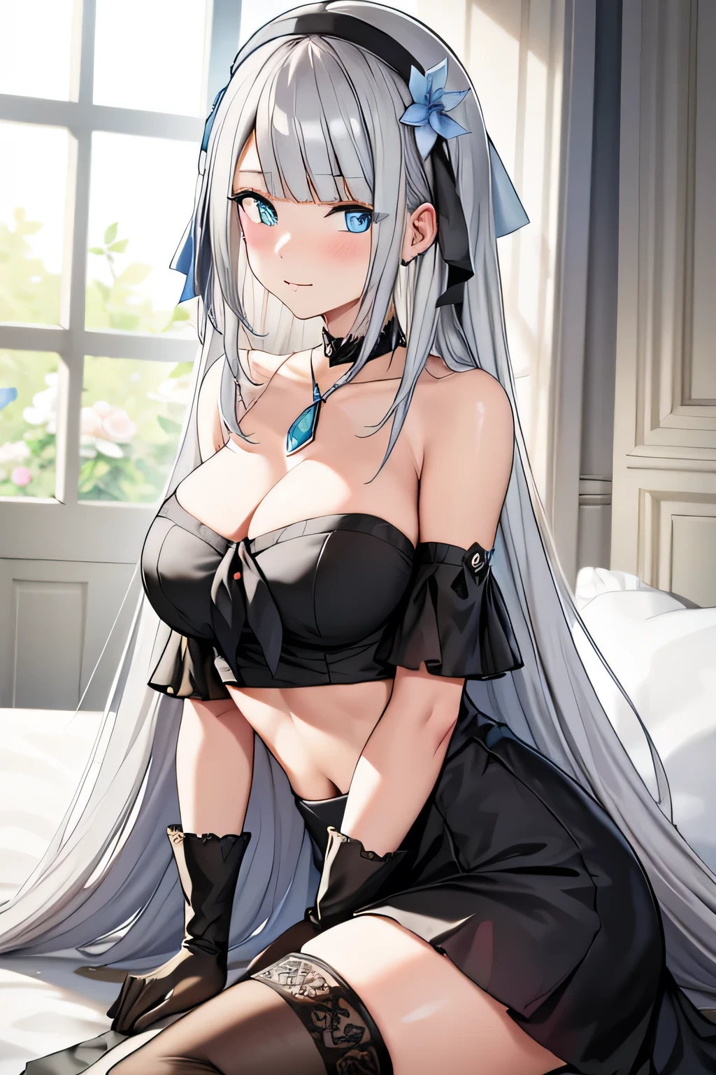 masterclass, hair_flower, black_dress, black_gloves, thighhighs, hair_ornament, gloves, black_thighhighs, braid, very_long_hair, sleeveless_dress, sleeveless, looking_at_viewer, choker, single braid, collarbone, hair_between_eyes, hair_bow, necklace, jewelry, ribbon, white_flower, blue_flower, closed_mouth, bangs, black capelet, on bed, blush, breasts, sitting, crossed legs, looking side, cowboy_shot, illustration, from side, best quality