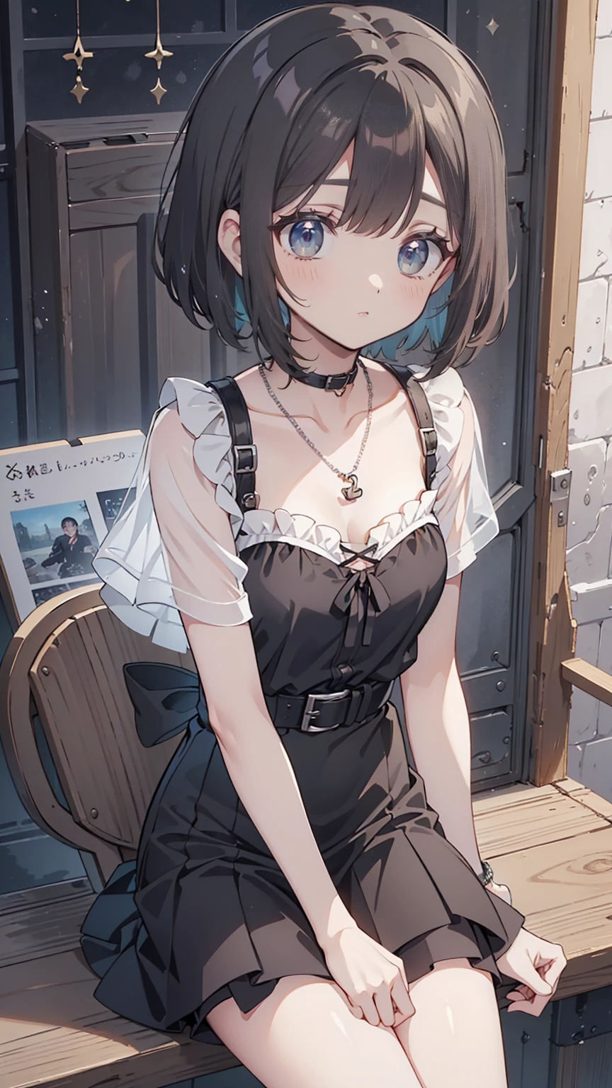 ((masterpiece, Please redeem, Very detailed)), Anime CG, 

One Girl, 20 years old, Full make-up, Black Hair, Bobcut, bangs, break ((Beautiful black eyes)), Big Eyes, Droopy eyes, medium breasts, Clevis, smile, View your viewers, 

Monochrome gothic casual spring young woman/Summer Fashion. She is wearing a black see-through shirt, black micro mini skirt,. Accessories、Layered silver necklaces and wide belt. 

background: Urban Scene,