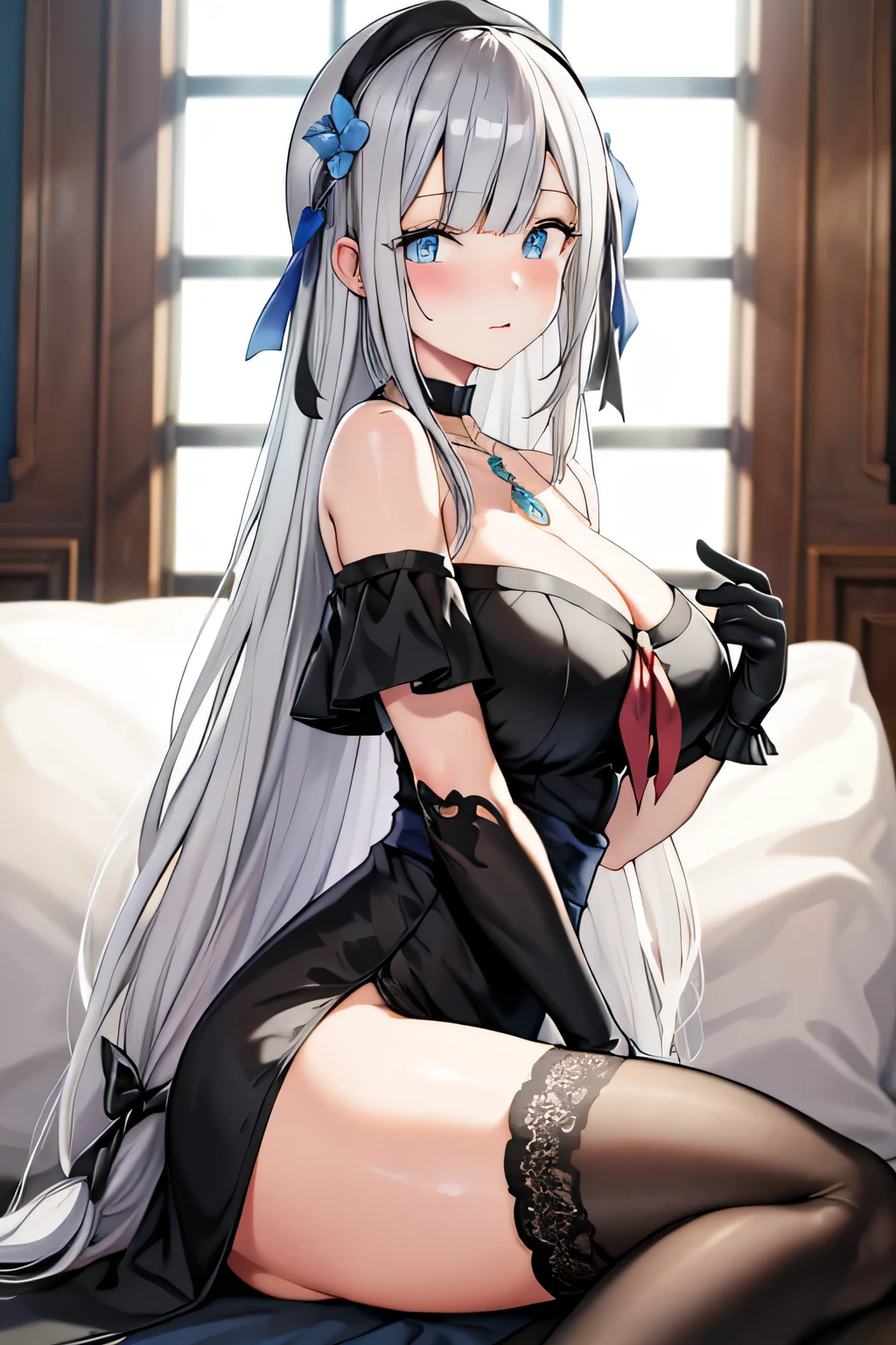 masterclass, hair_flower, black_dress, black_gloves, thighhighs, hair_ornament, gloves, black_thighhighs, braid, very_long_hair, sleeveless_dress, sleeveless, looking_at_viewer, choker, single braid, collarbone, hair_between_eyes, hair_bow, necklace, jewelry, ribbon, white_flower, blue_flower, closed_mouth, bangs, black capelet, on bed, blush, breasts, sitting, crossed legs, looking side, cowboy_shot, illustration, from side, best quality