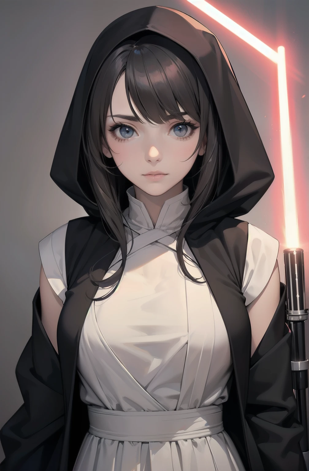 Shadow Face、STAR WARS, Jedi,(黒いJediローブ、黒いJediの服、黒いJediベルト)、Star Wars concept art, Star Wars、Lightsabers(ランダムな色に光るLightsabers)、Put on the hood、beautiful girl、cute、Droopy eyes、Random hair color、beautiful long hair、Straight hair、Bangs、Hime cut、Big Breasts、slimな体、slim、(Best Quality,4K,High resolution,Masterpiece 1.2),Very detailed,Anime Style,Concept Art,beautiful, Gentle features, pale Skin, 1 person&#39;S, Red cheeks, ,(Lightsabers1.3),(Random hair color)), Female Curves, Sexy flat stomach, Perfect hands, Extend one hand(Reaching out to grab something)、Perfect anime character face, ((Jedi)), standing, (Star Wars 1.3), Space Fantasy,SF is not organized, High resolution、 ((Star Wars)), ((Best Quality)), (Very detailedな), ((Very detailed)), (beautiful), ((cute)), 1 person,(1.6)、beautiful face、Full Body Ezbian、pale, beautiful肌、beautiful feet、Smiling Kindly、Expressionless、Low angle full body shot、(Random Background 1.3)、(ランダムなLightsabersの色1.3)、Spirits、Ready your Lightsabers、Star Wars Background、