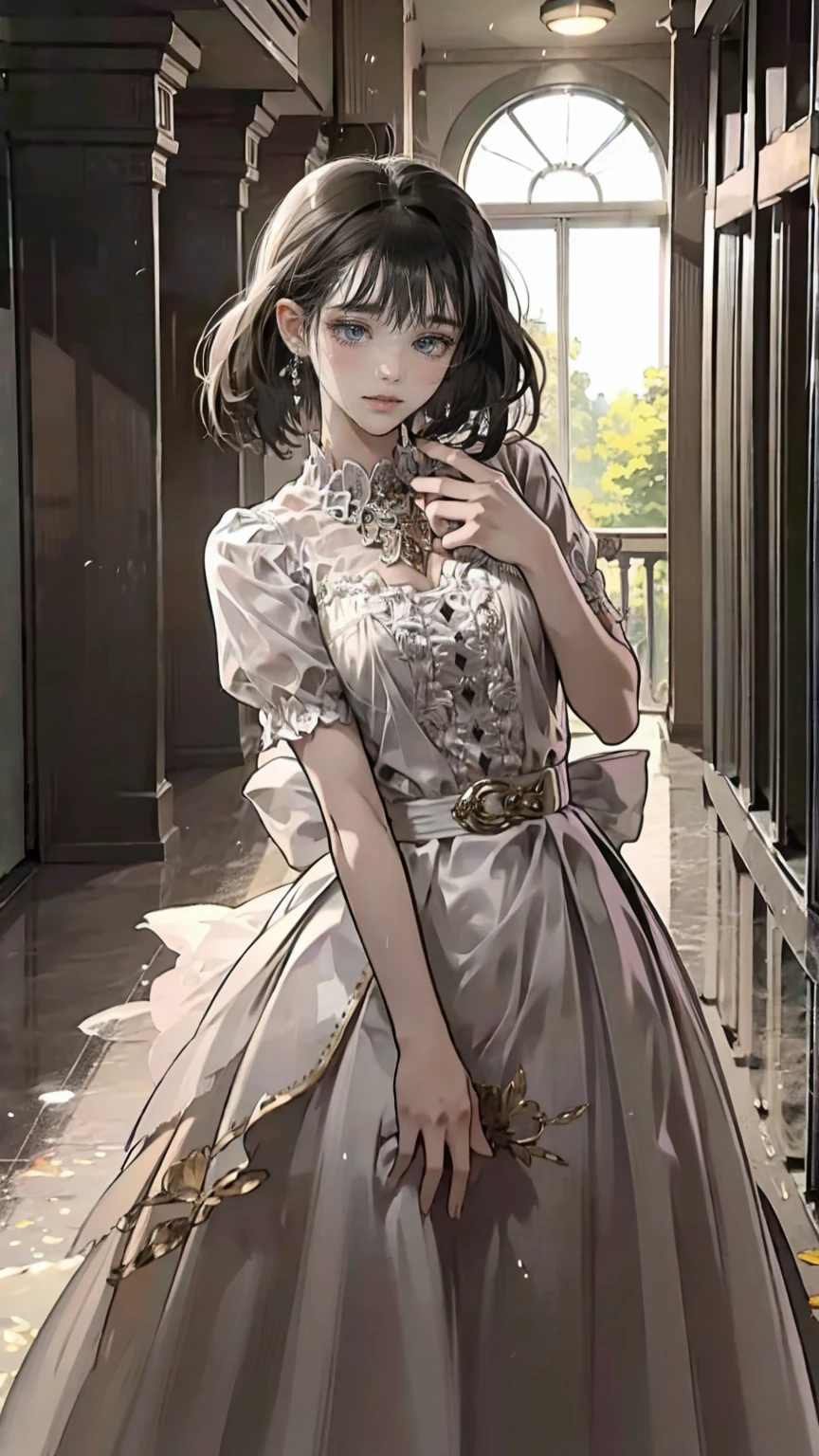 ((masterpiece, Please redeem, Very detailed)), Anime CG, One Girl, 20 years old, Full make-up, Black Hair, Bobcut, bangs, break ((Beautiful black eyes)), Big Eyes, Droopy eyes, medium breasts, Clevis, smile, View your viewers, Monochrome gothic casual spring young woman/Summer Fashion. She is wearing a black see-through shirt, black micro mini skirt,. Accessories、Layered silver necklaces and wide belt. background: Urban Scene,
