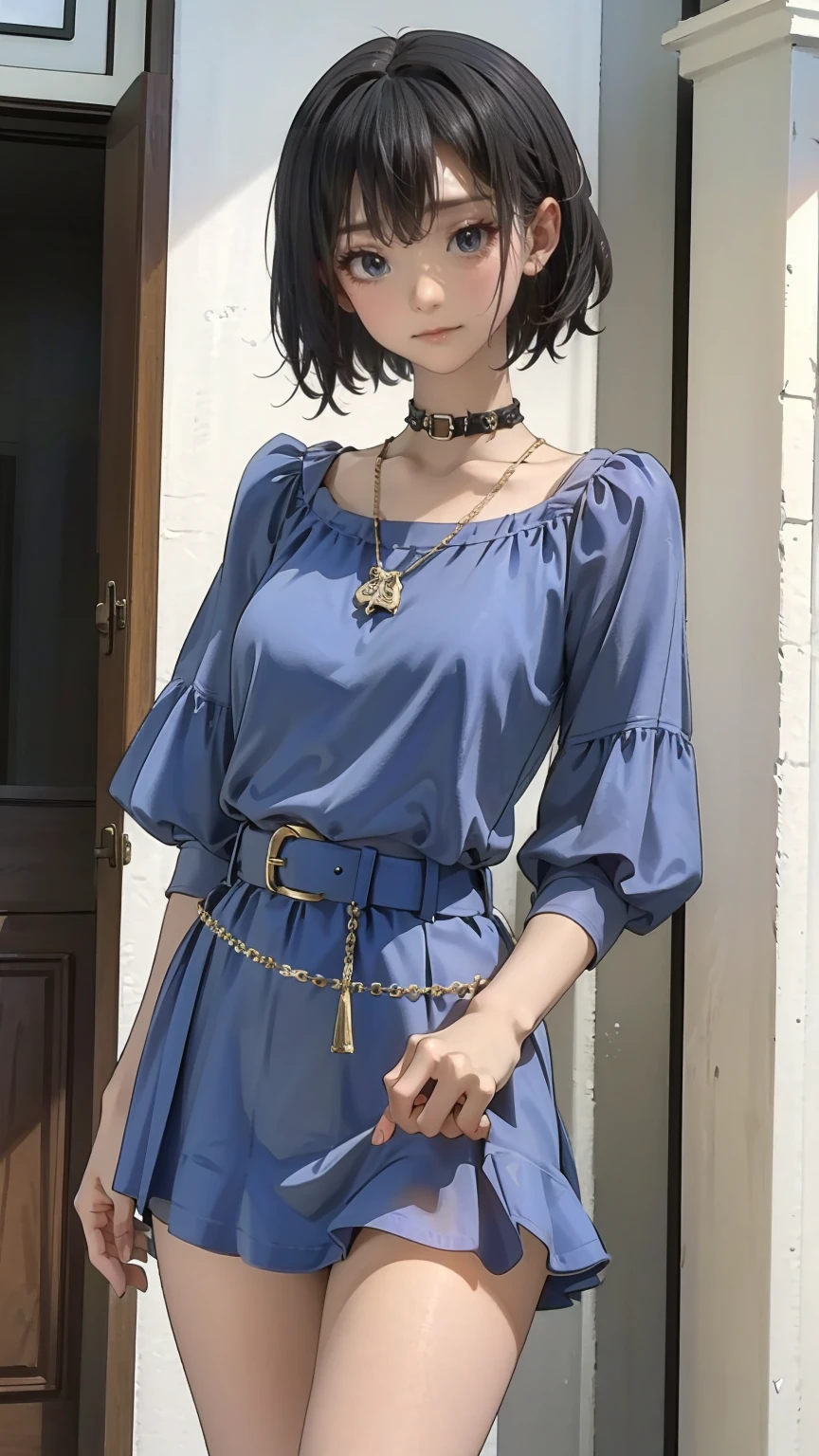 ((masterpiece, Please redeem, Very detailed)), Anime CG, One Girl, 20 years old, Full make-up, Black Hair, Bobcut, bangs, break ((Beautiful black eyes)), Big Eyes, Droopy eyes, medium breasts, Clevis, smile, View your viewers, Monochrome gothic casual spring young woman/Summer Fashion. She is wearing a black see-through shirt, black micro mini skirt,. Accessories、Layered silver necklaces and wide belt. background: Urban Scene,
