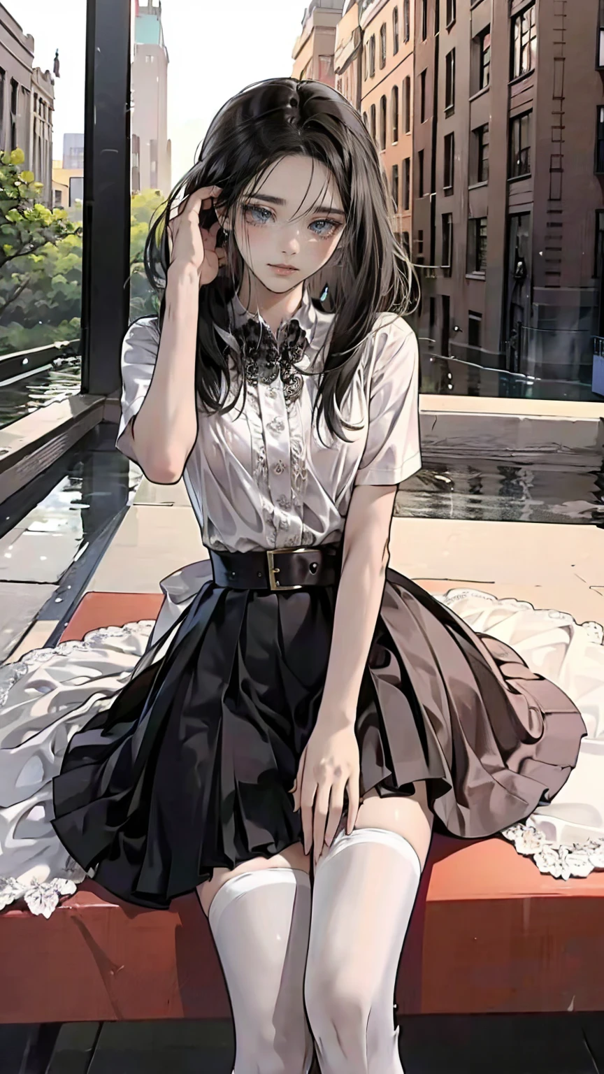 ((masterpiece, Please redeem, Very detailed)), Anime CG, One Girl, 20 years old, Full make-up, Black Hair, Bobcut, bangs, break ((Beautiful black eyes)), Big Eyes, Droopy eyes, medium breasts, Clevis, smile, View your viewers, Monochrome gothic casual spring young woman/Summer Fashion. She is wearing a black see-through shirt, black micro mini skirt,. Accessories、Layered silver necklaces and wide belt. background: Urban Scene,
