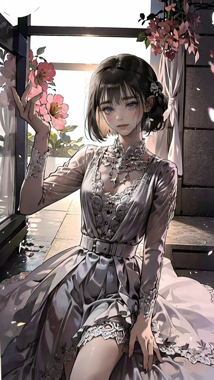 ((masterpiece, Please redeem, Very detailed)), Anime CG, One Girl, 20 years old, Full make-up, Black Hair, Bobcut, bangs, break ((Beautiful black eyes)), Big Eyes, Droopy eyes, medium breasts, Clevis, smile, View your viewers, Monochrome gothic casual spring young woman/Summer Fashion. She is wearing a black see-through shirt, black micro mini skirt,. Accessories、Layered silver necklaces and wide belt. background: Urban Scene,
