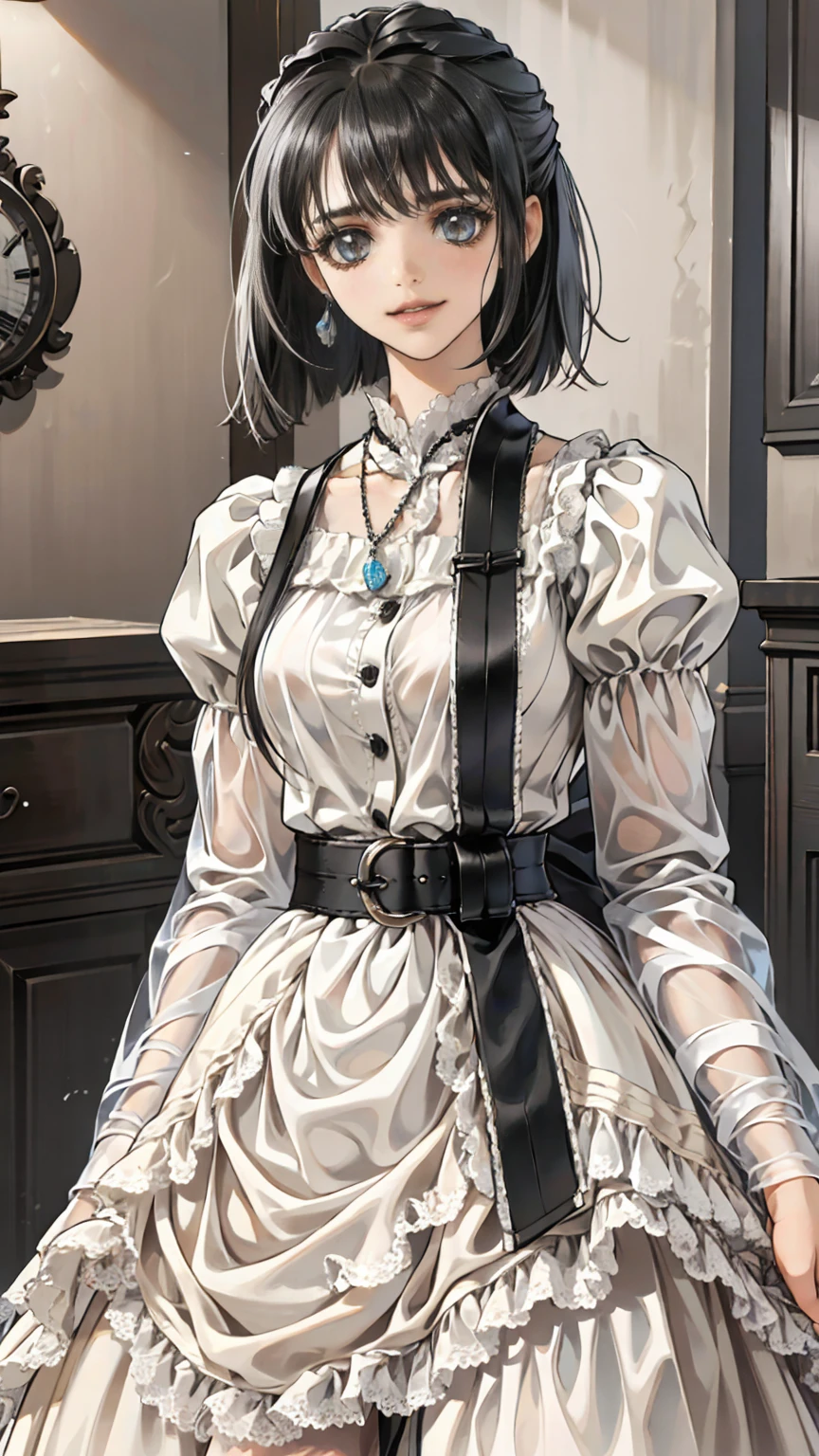 ((masterpiece, Please redeem, Very detailed)), Anime CG, One Girl, 20 years old, Full make-up, Black Hair, Bobcut, bangs, break ((Beautiful black eyes)), Big Eyes, Droopy eyes, medium breasts, Clevis, smile, View your viewers, Monochrome gothic casual spring young woman/Summer Fashion. She is wearing a black see-through shirt, black micro mini skirt,. Accessories、Layered silver necklaces and wide belt. background: Urban Scene,
