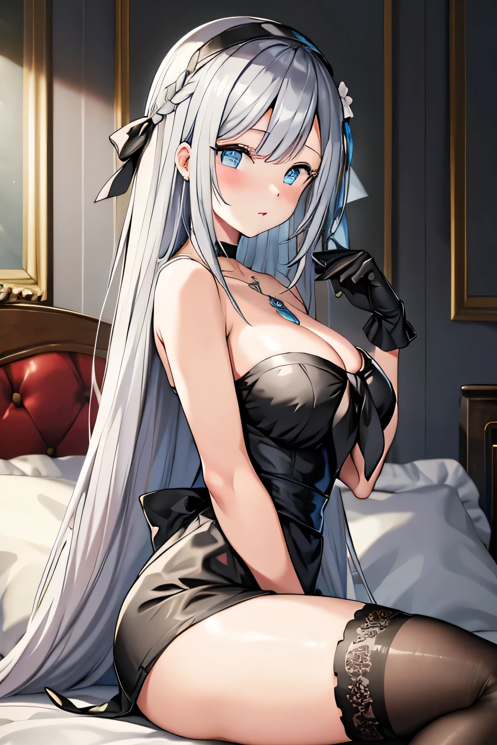 masterclass, hair_flower, black_dress, black_gloves, thighhighs, hair_ornament, gloves, black_thighhighs, braid, very_long_hair, sleeveless_dress, sleeveless, looking_at_viewer, choker, single braid, collarbone, hair_between_eyes, hair_bow, necklace, jewelry, ribbon, white_flower, blue_flower, closed_mouth, bangs, black capelet, on bed, blush, breasts, sitting, crossed legs, looking side, cowboy_shot, illustration, from side, best quality