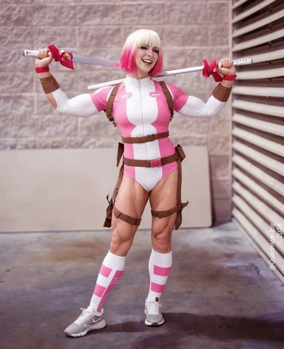 ((ultra quality)), ((masterpiece)), (GwenPool:1), ((blonde hair, multicolored hair, blue eyes)),(superhero, bodysuit, pink leotard, belt, gun, gloves, belt pouch, hood:1), looking at viewer with a snarky grin, expressive, action pose, leaning forward, (dynamic_angle:1), (dynamic_pose:1.2), (masterpiece:1.2), (best quality, highest quality), (ultra detailed), (8k, 4k, intricate),(full body:1), (Cowboy shot:1.2), (50mm), (highly detailed:1.2),(detailed face:1.2), detailed_eyes,(gradients),(ambient light:1.3),(cinematic composition:1.3),(HDR:1),Accent Lighting,extremely detailed,original, highres,(perfect_anatomy:1.2), background: beautiful forest near the river, ((depth of field)), ((high quality clear image)), (clear details), ((high detail)), realistically, professional photo session, ((Clear Focus))