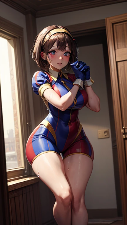 High quality masterpiece, (Unreal Engine), reality:1.8, Ultra-high resolution, Rich contrast, super high quality, 8k, High definition texture, Astonishing absolute resolution, Advanced Settings, colorful, Clear Image, Sharp focus, Digital Blending, (Hasselblad Photos, Dynamic Angle),

1 girl, pomni, Big Breasts, Red eyes and blue eyes, gloves, (Wear a tight business suit, My clothes are wet with sweat and sticky),  

indoor, Working in the city,