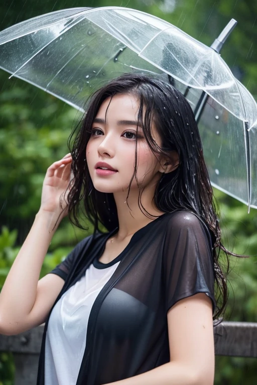 songkran,No umbrella, Wet roads , A young woman with a pretty face like a soaked idol,Smiling Kindly, drenched, Dripping, Wet Face,Wet clothes, Wet Skin, Wet Hair, Large Bust,RAW Photos,Genuine,Real,High definition,Raw photo,Tokyo,masterpiece, Realistic, beautiful, Clings to thin clothing