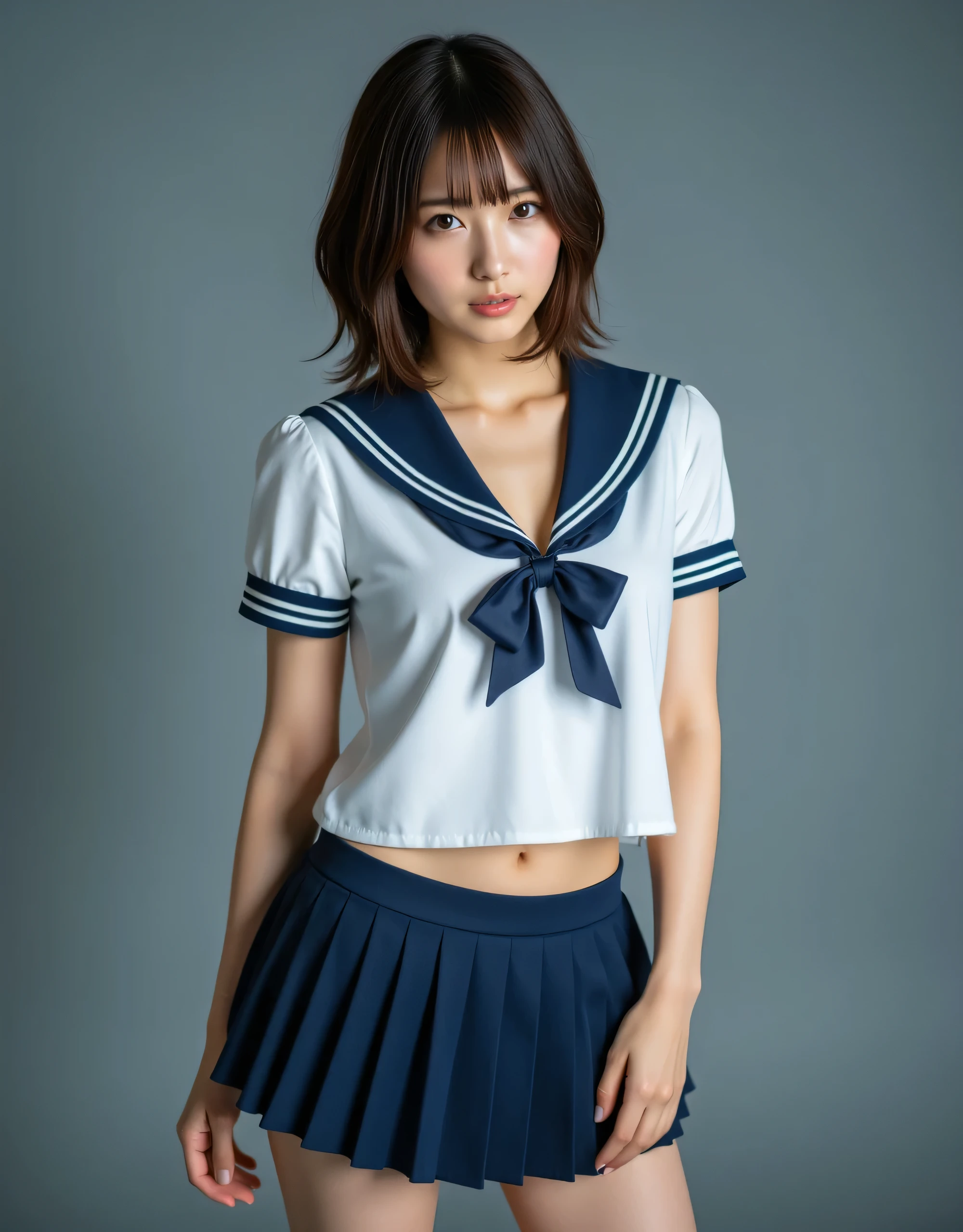 perfect composition, Proper placement, close, Beautiful Japanese Women, Brown Hair, Bob Cut Hair, Brown eyes:1.21, Clear Eyes,  Perfect beauty, compensate, Pink lipstick:0.98, Perfect Anatomy, Small head, The classic sailor uniform from a prestigious metropolitan high school, White uniform, Short-sleeved sailor uniform:1.21, sera fuku:1.21, I can see your belly, Navy blue pleated mini skirt, Perfect beauty, Like a positive movie:1.21, (A photograph of a film frame captured on positive film:1.5), Gray simple background, sexy, orgasm, , Dramatic lighting, 