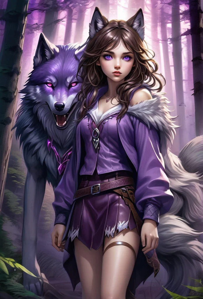 A girl. Alone, High resolution, necessary, very detailed, Retina, high quality, textured leather, Hair between eyes, brown hair. Violet eyes, Pupils in the form of a symbol, fangs. in a forest, full body, girl with wolf ears, half wolf girl, violet colors, mystical, mythological 