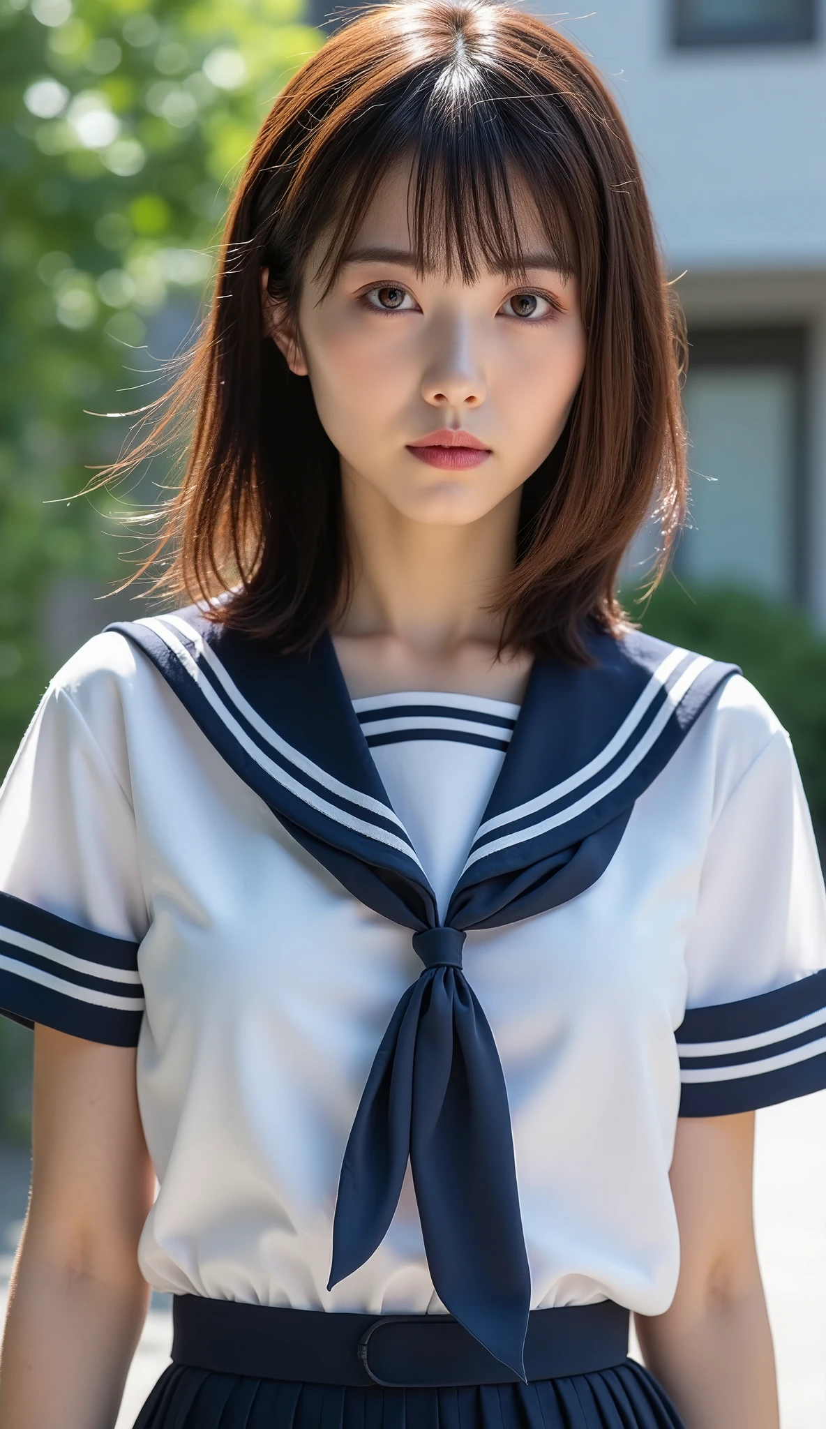 perfect composition, Proper placement, Extreme close-up, Beautiful Japanese Women, Glowing Skin, (Sweating:1.8), Brown Hair, Medium Hair, Brown eyes:1.21, Clear Eyes, Perfect Anatomy, Small head, The classic sailor uniform from a prestigious metropolitan high school, White uniform, Short-sleeved sailor uniform:1.21, sera fuku:1.21, I can see your belly, Navy blue pleated mini skirt, Schoolyard、sexy, orgasm, 