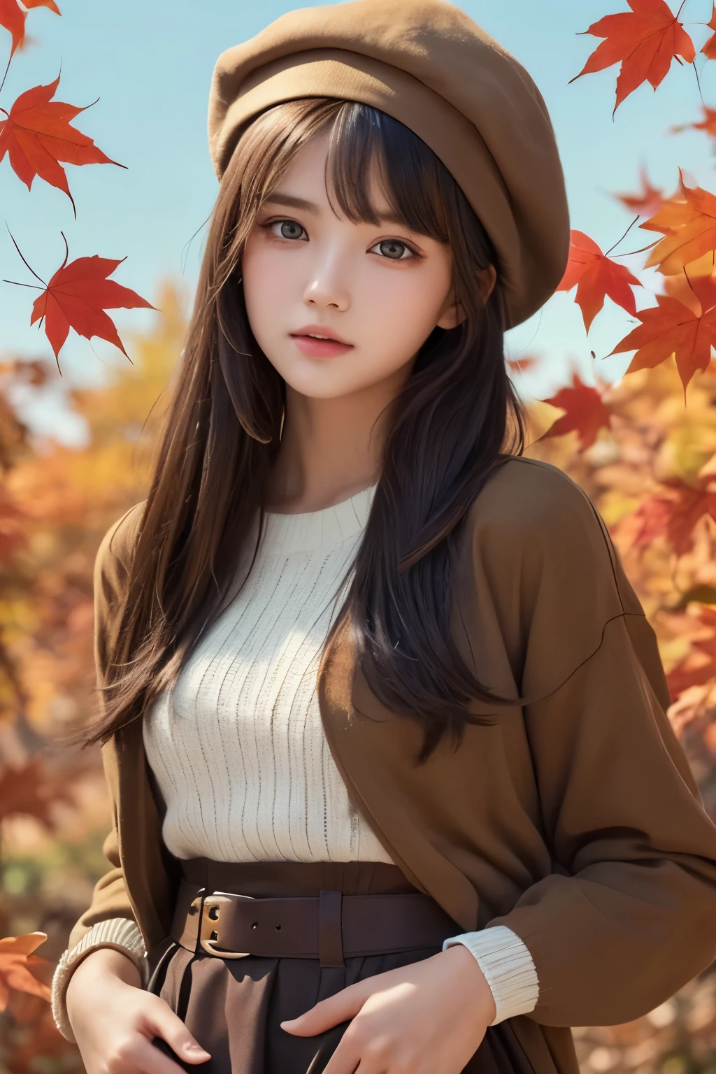 1girl, (a beauty girl, delicate girl, beautiful girl:1.3), (****:1.3),
break, (autumn clothes, beret, long skirt:1.3),
break, (cowboy shot, maple leaves background:1.3),
break, very fine eyes, (symmetrical eyes:1.3),
break, (flat breasts:0.5), (round face, baby face), (brown eyes), parted bangs, (brown hair, short hair:1.2),
break, (eyes and faces with detailed:1.0),
break, (masterpiece, best quality, ultra detailed, detailed face, 8k)