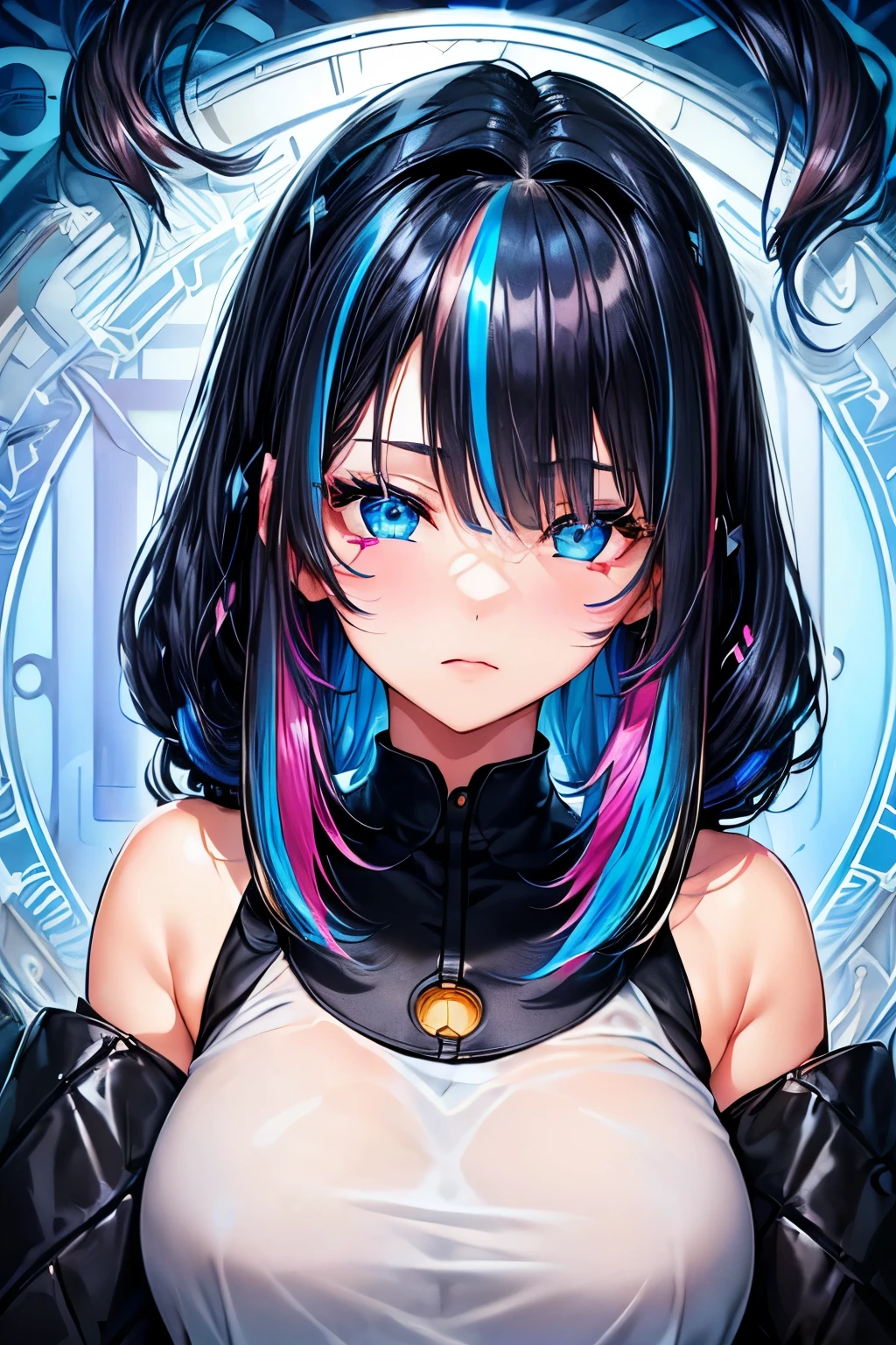 (masterpiece, ultra quality:1.2, 4k, beautiful),(1girl, (Secret Illustration,(cute, fair skin, (black Hair, inner blue hair:0.4, BREAK, medium hair, hairs between eyes) ,(Blue streaked hair),blue eyes, circle glass, blush stickers) ,BREAK, (Detective) ,(Shine, Sophisticated)))