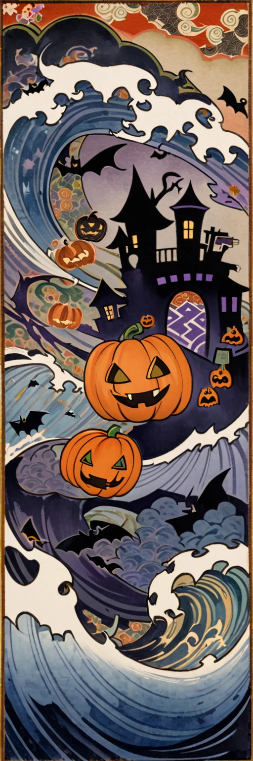 (halloween:1.8),  no humans, background only, best quality, super fine, 16k, incredibly absurdres, extremely detailed, 2.5D, delicate and dynamic, fusion of watercolors and oil paintings, mix of Japanese painting, ukiyo-e and woodblock prints, abstract symbolism, mystery, the big bang, no humans, 