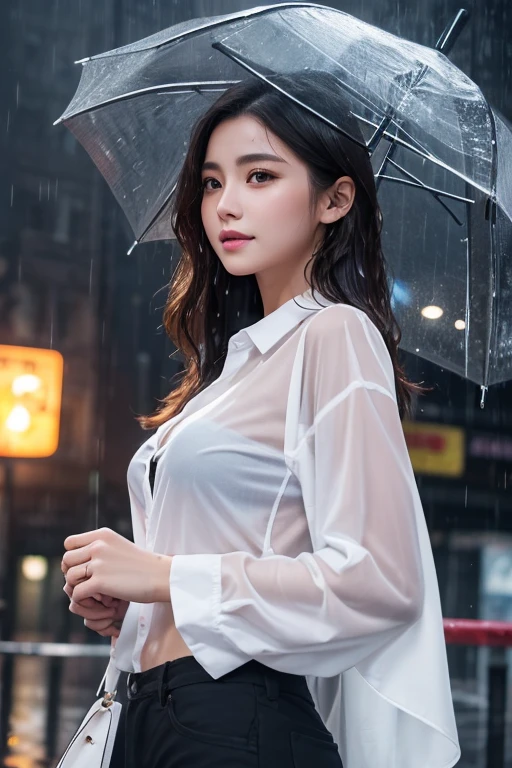 ((best qualtiy, 8K, tmasterpiece:1.3)), Focus:1.2, perfect figure beautiful woman:1.4, Cocked buttocks:1.2, ((Cut hair in layers, Beautiful breasts:1.2)), (wetclothes:1.5) , (rain:1.3), Ultra-sexy ultra-short transparent breast patch:1.1, Highly detailed facial and skin texture, A detailed eye, 二重まぶた,Whiten skin,long whitr hair,((White plush coat)),Lace,(short skirt),(Clear eyes),(Clear nose),(Clear lips),(Fair skin),(Ultra-realistic textile textures),the night,city night scene,Qixi Festival,Magazine scanning,Cinematic lighting