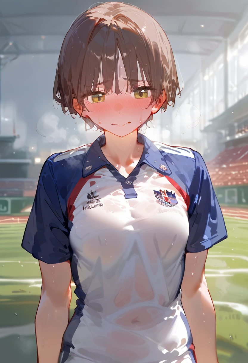 Healthy Body，Toned body，Normal chest，Brown Hair，Bobcut，Red track and field uniform，sweat，Steaming，Storage warehouse，dim，Embarrassed，blush，smile，Sunburn