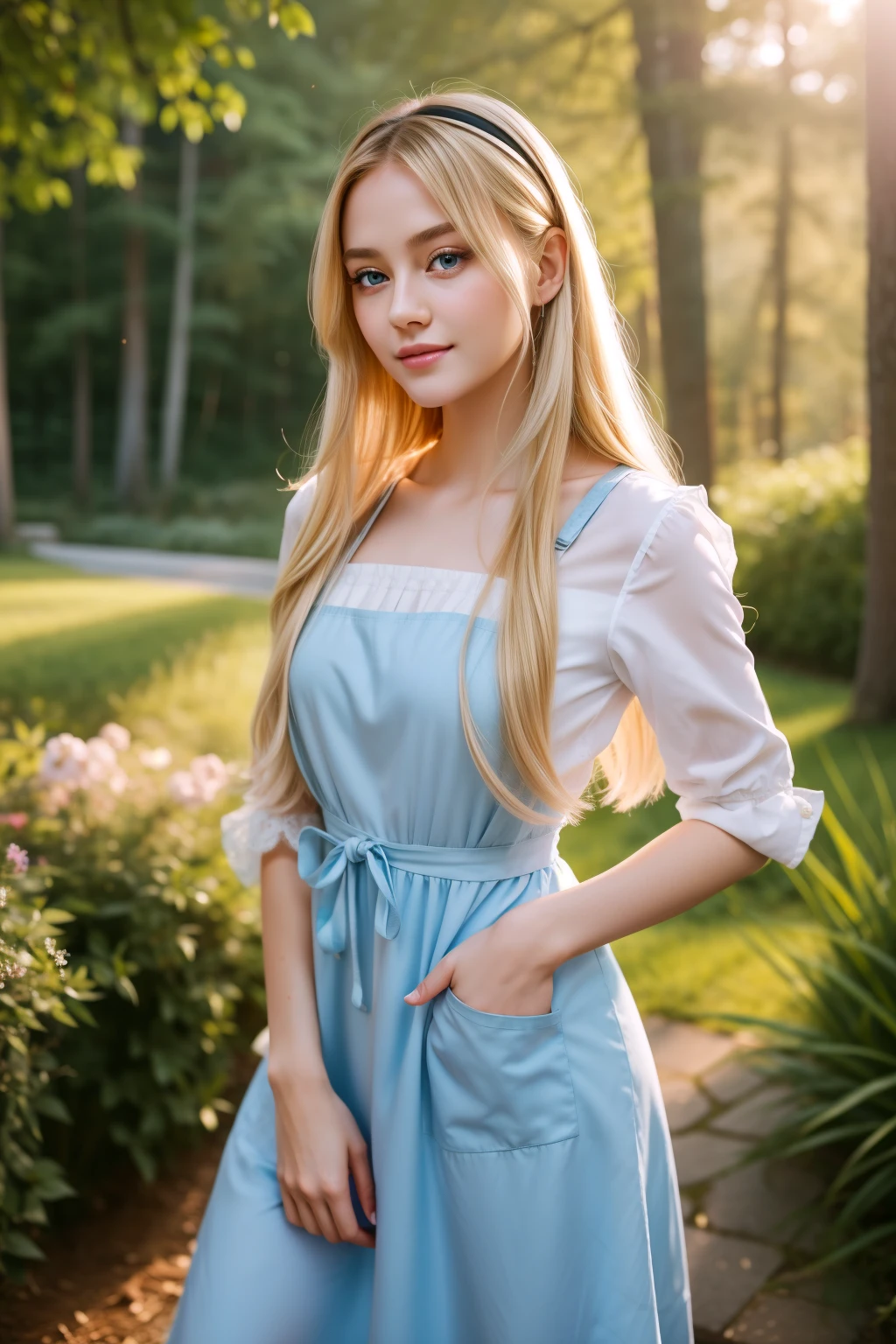 A woman in a blue dress standing in a park - SeaArt AI
