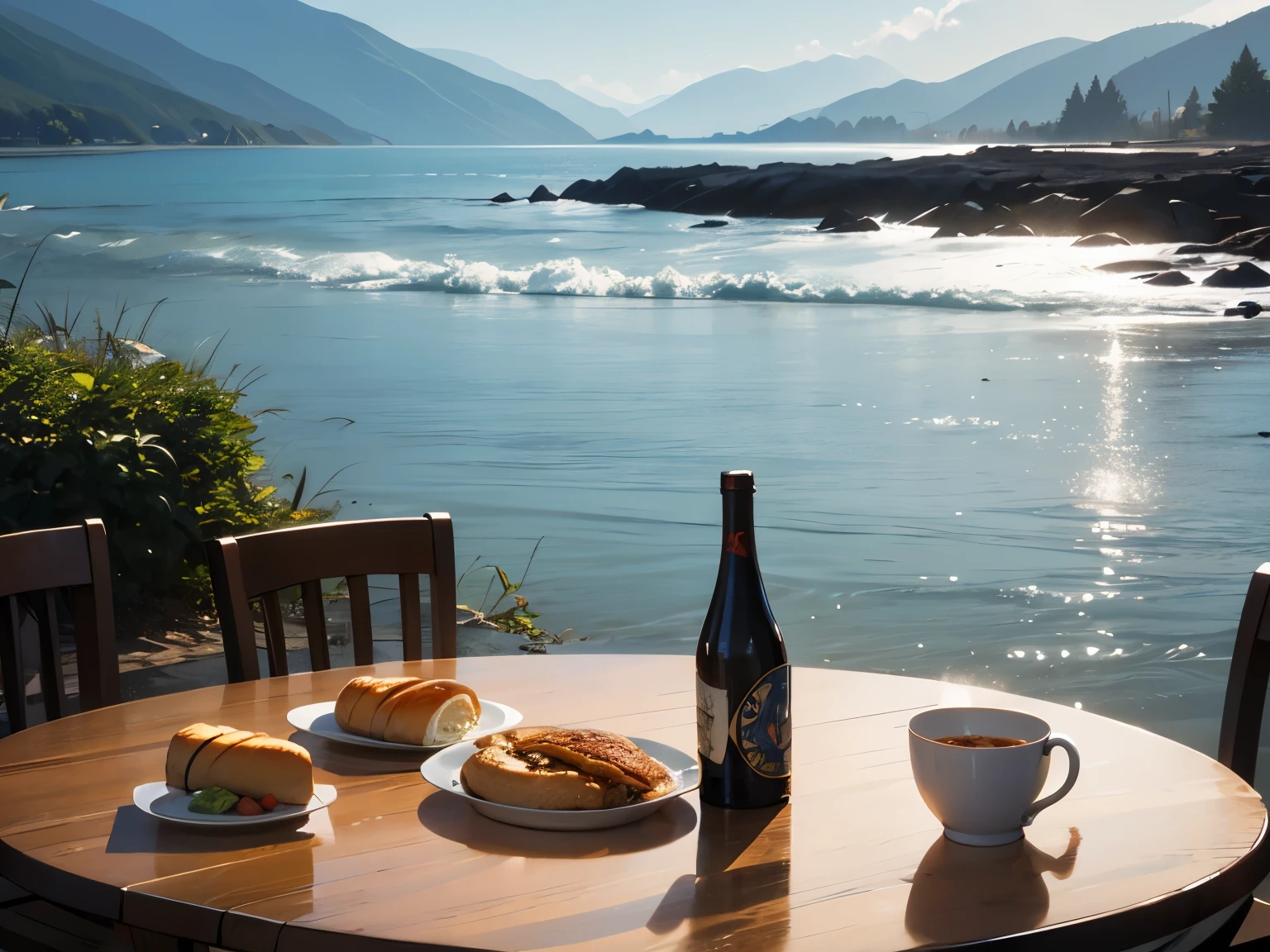 Realistic, Real Life, Beautiful Breakfast Table by the Water Background by Greg Rutkowski, Laurie Greasley&#39;s style, Studio Ghibli, Giovane Tarantino, James Gillard, Genshin Impact, pixiv Trend Fanbox, Acrylic Palette Knife, 4K, (Vibrant colors), (Bright color contrast), (Very vivid), Devinat, Artstation Trends  