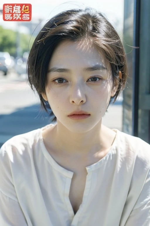 One girl, alone, androgynous, boyish、Droopy eyes、ennui、Fair skin、Sleepy face、Beauty、middle age, Japanese lady, short Hair, accurate, Anatomically correct, 