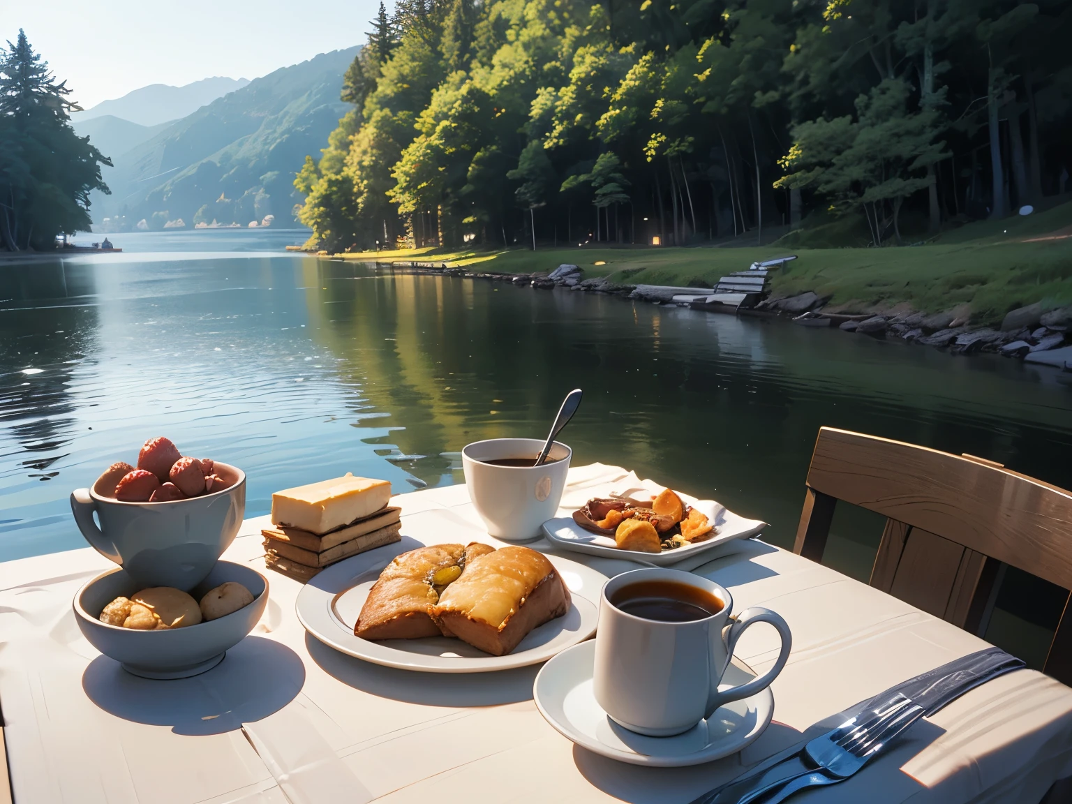 Realistic, Real Life, Beautiful Breakfast Table by the Water Background by Greg Rutkowski, Laurie Greasley&#39;s style, Studio Ghibli, Giovane Tarantino, James Gillard, Genshin Impact, pixiv Trend Fanbox, Acrylic Palette Knife, 4K, (Vibrant colors), (Bright color contrast), (Very vivid), Devinat, Artstation Trends  