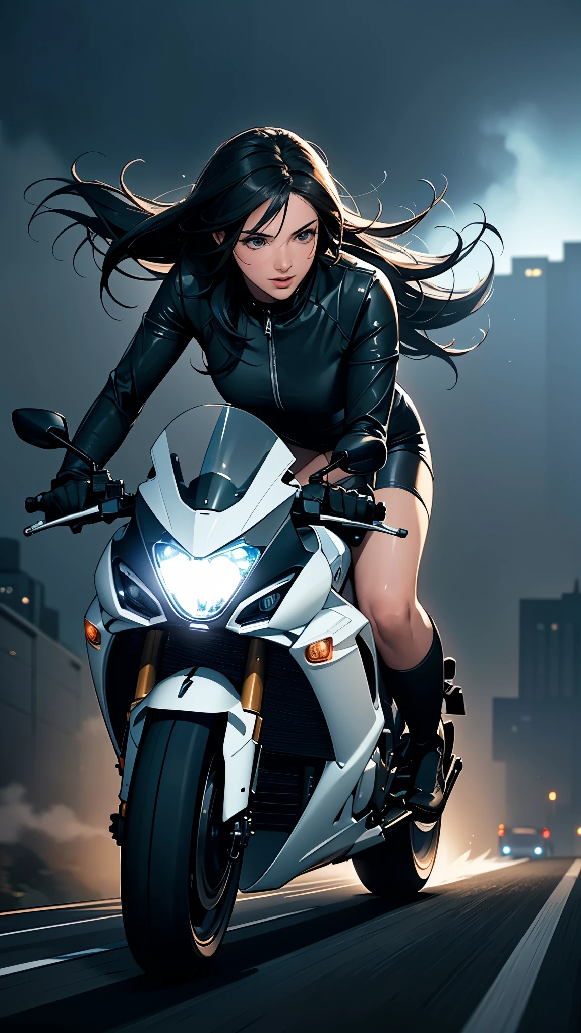 A sexy woman riding a YAMAHA YZF-R1 up a steep hill in a foggy big city late at night, Chasing something, Distant and Near Viewodern, huge, intelligent buildings, Steam is coming out, Cinema Lighting with intricate calculations for best shot (((Expressing a sense of speed and sprinting, Flowing hair)))、Dramatic atmosphere, 8K, high quality, Realistic, Detailed landscape and background ,Strong contrast, Volumetric lighting, closeup, intricate detailed face