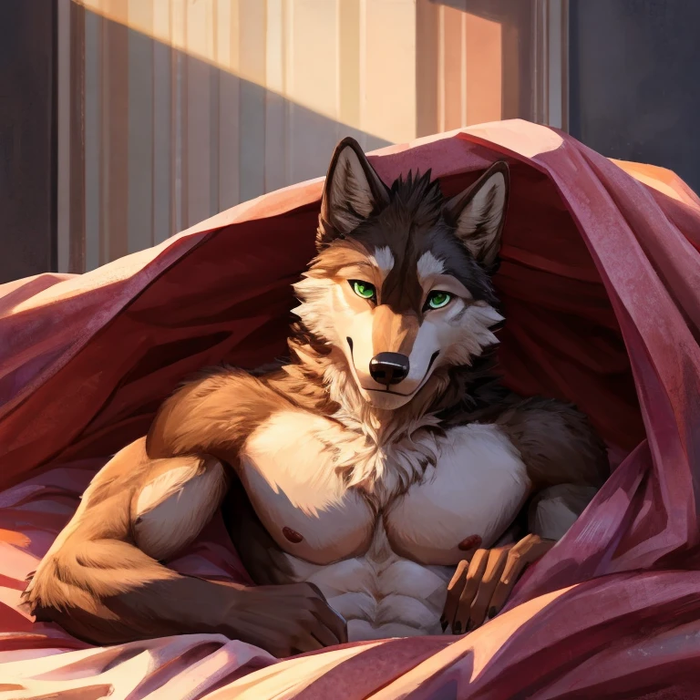 Male foxy lying on a bed. He is wearing grey sweatpants. Bulge 