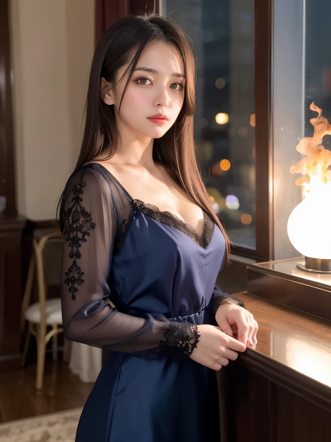 (On the veranda of a traditional Japanese house), masterpiece, light makeup, red lips, beautiful hair, (Medium hair:1.3), elegant, Very fine details, masterworks, authentic texture, cinematic lighting realism, perfect work, 16k, high resolution, exquisite features, brown eyes, (Ultra-high resolution eye:1.1), Japanese idol, beautiful face, (gentle smile like a goddess), attractive, well-shaped breasts, beautiful cleavage, shiny skin, ((Navy camisole dress decorated with fine lace:1.3)), break, bright big eyes, smooth skin, earrings, necklace, standing position, (ground level shot:1.2), (sitting on the veranda corridor), ((A beautiful girl watching multiple fireworks twinkling in the night sky from the veranda)), ((A collaboration of large fireworks and smaller fireworks that light up the surrounding area))