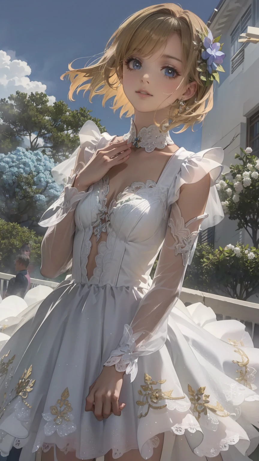 Best Quality,masterpiece,Watercolor style,girl,blonde,blue eyes,White Dress,Red Ribbon Hydrangea,after the rain,rainbow,Looking up at the sky,smile,The light spreads,White Dress,Sailor collar,Long sleeve,Dark blue on the cuff,Line on the cuff,,Shortcuts,