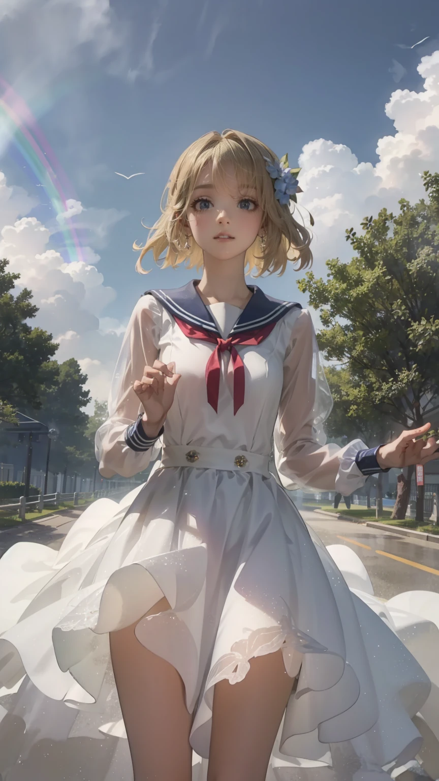 Best Quality,masterpiece,Watercolor style,girl,blonde,blue eyes,White Dress,Red Ribbon Hydrangea,after the rain,rainbow,Looking up at the sky,smile,The light spreads,White Dress,Sailor collar,Long sleeve,Dark blue on the cuff,Line on the cuff,,Shortcuts,