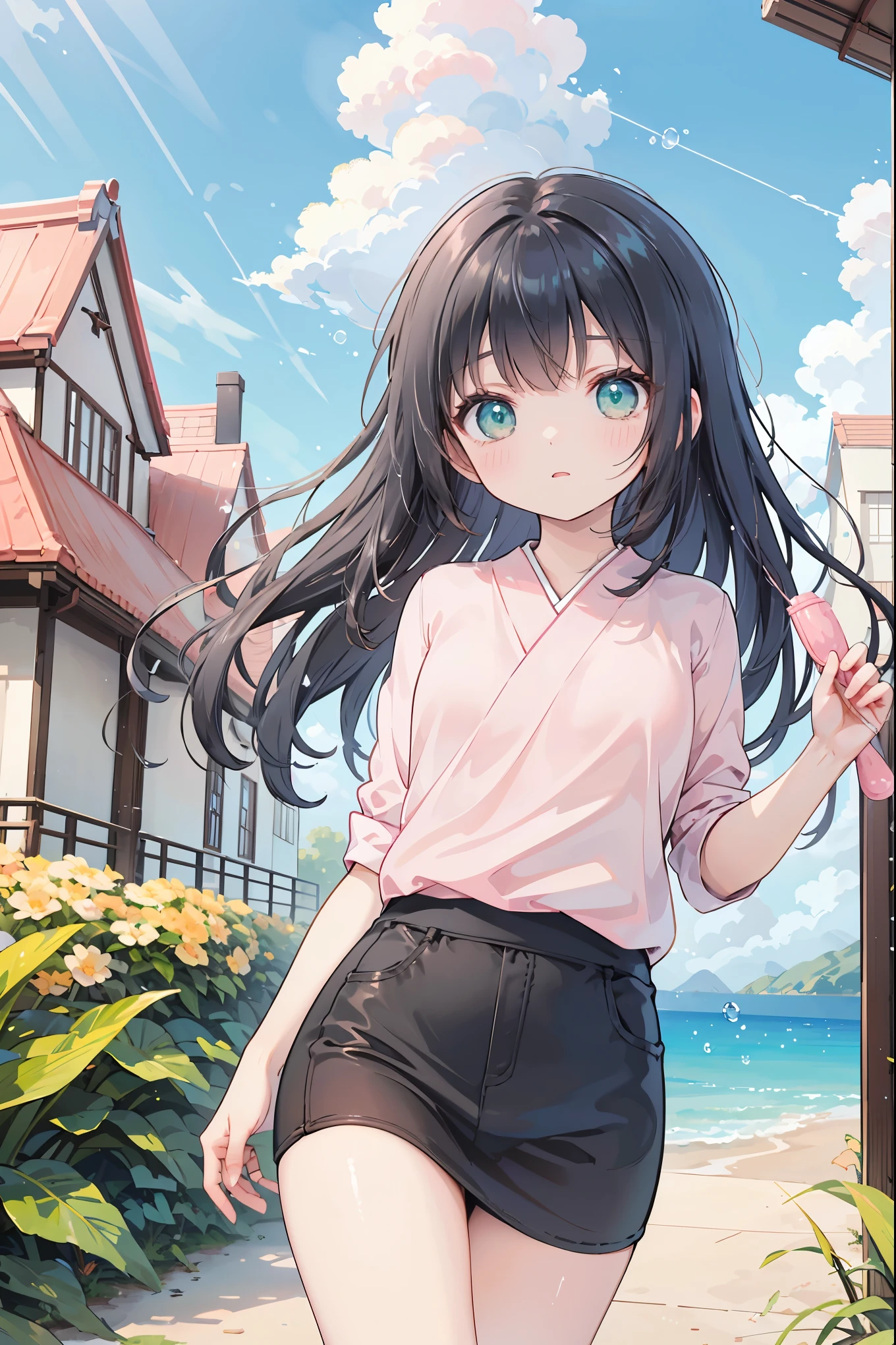 ((Best Quality, 8k, masterpiece: 1.3)),animation,Human Girl,solo,１By people,((Petite,Glamorous Body,Curvy)),cute,Making bubbles with a straw,((Her long black hair sways in the strong wind)),Beautiful emerald green eyes,((Pink blouse)),In the background is a blue sky and lots of soap bubbles, large and small.,Japanese Landscape,Look to the side,Bust Shot,