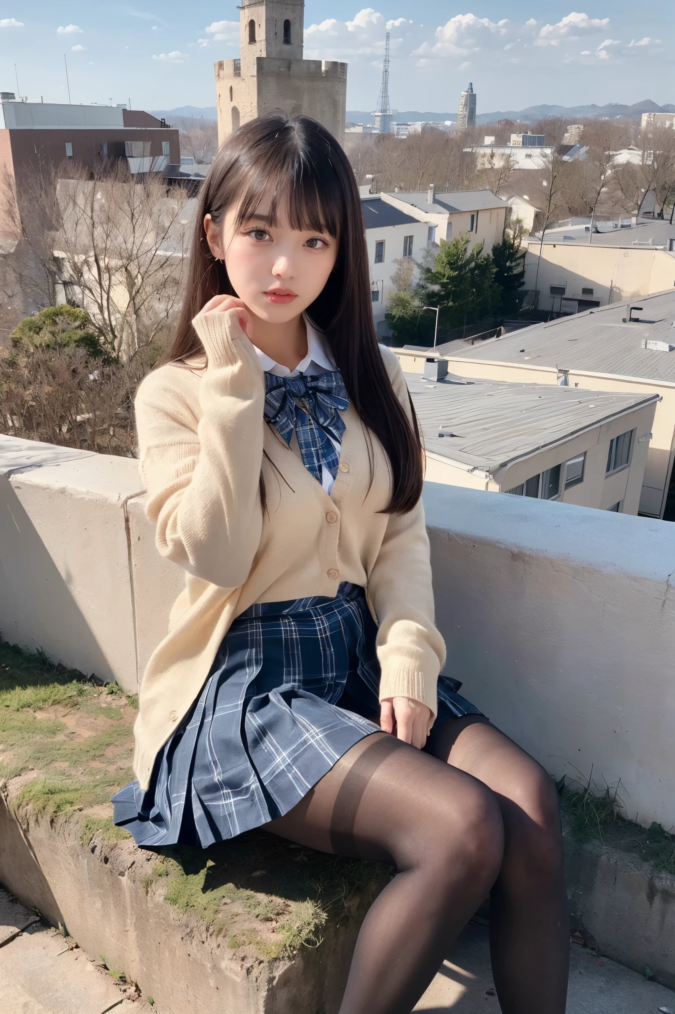 (((8k、High resolution、Best Quality、High resolution)))Alone、Natural body shape、White skin、Natural Makeup、((Black Hair、bangs、Straight Long Hair))、((()))、Sitting、(Sit at the top of the tower:1.4)、(())、(((((Full body photo)))))、(((Looking at the camera)))、(((Wear a uniform on your upper body)))、classroom、(((High school))) 、((White long sleeve collared blouse))、((Beige cardigan))、((Dark blue plaid pleated skirt、mini skirt、Ultra-realistic pantyhose))、、、Expressionless、((Exposing your thighs)), 