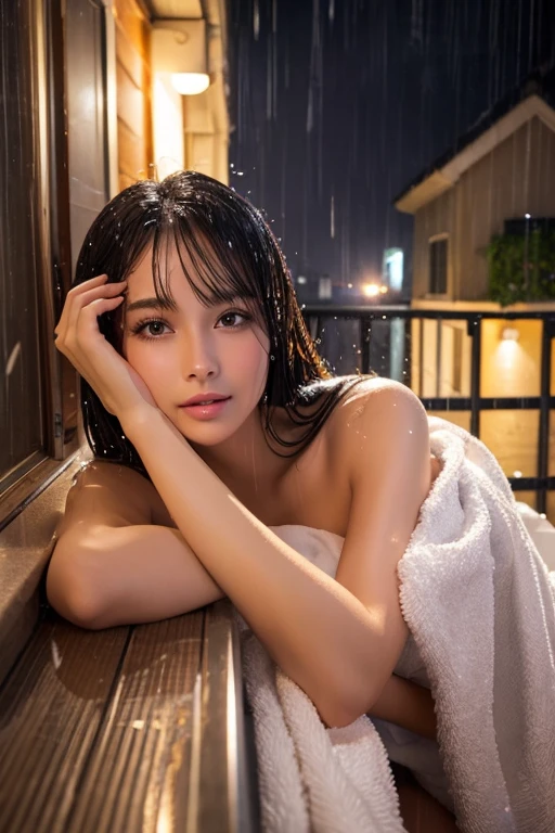(Raw photo:1.2), highest quality, 40 year old woman taking a shower:1.5, Beautiful and detailed person, （Facing the shower above）（Upward face）:1.5, In the background is a bathroom with a bathtub　There is a shower above:3.0, Her breasts are covered by a 花がらのbath towel.:2.0, Composition from the chest up, 8k, detailed, High resolution, beautiful, Delicate, Ultra-realistic, High resolution, Highest detail, The color is not faded, Vivid colors, Short hair sparkling in the water, Glittery splashes:1.0, Breasts wrapped in bath towels、Bright light pours in through the bathroom window:1.5,