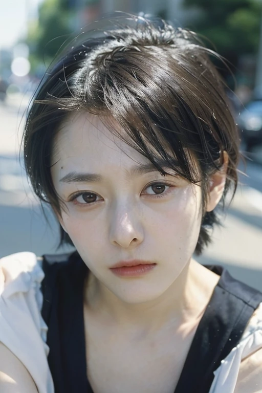 One girl, alone, androgynous, boyish、Droopy eyes、ennui、Fair skin、Sleepy face、Beauty、middle age, Japanese lady, short Hair, accurate, Anatomically correct, 