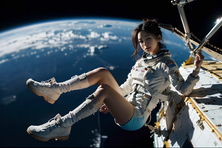 a woman in a sexy bikini space suit posing for a picture, a colorized photo, space art, beautiful woman in spacesuit , woman astronaut